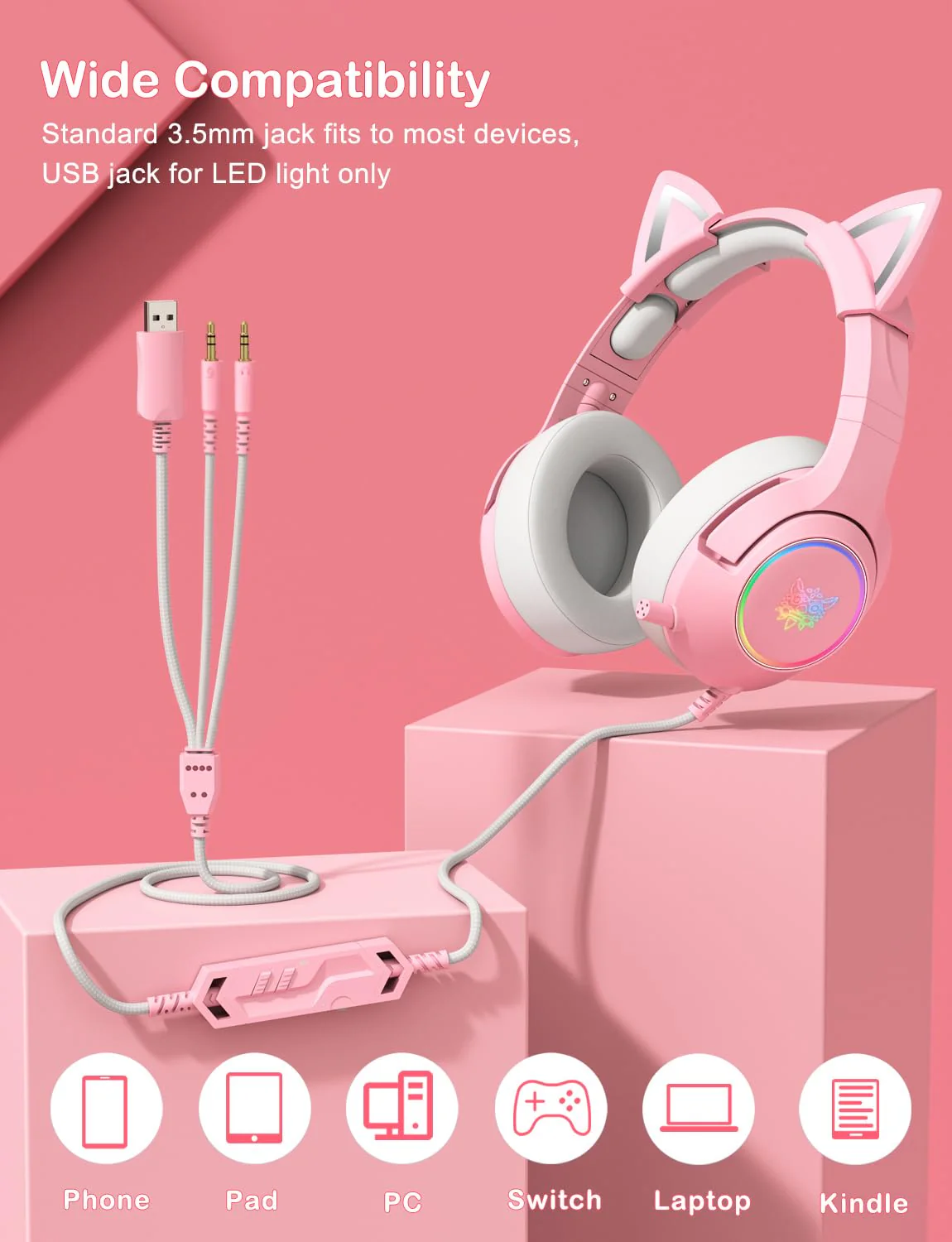 PHNIXGAM Cat Ear Gaming Cute Headset, Wired Over-Ear Headphones with Retractable Microphone, Surround Sound, LED Backlight for PS4, PS5, PC, Mobile Phone (Light Pink) A Pink 3.5mm - Image 7