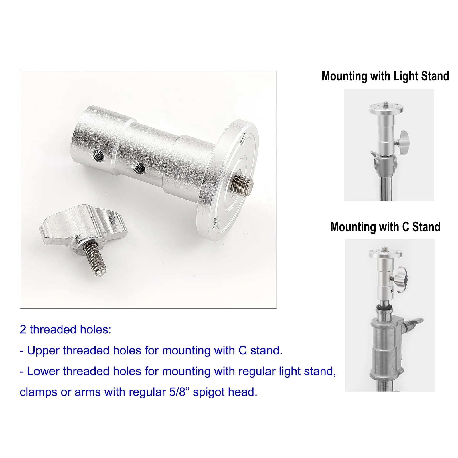 PHOCUS Baby Ball Head Adapter (5/8" Stud to 3/8" Thread), C Stand Camera Mount Adapter for Tripod Head on Photography Light Stand with Baby Pin or Junior Receiver - Image 4