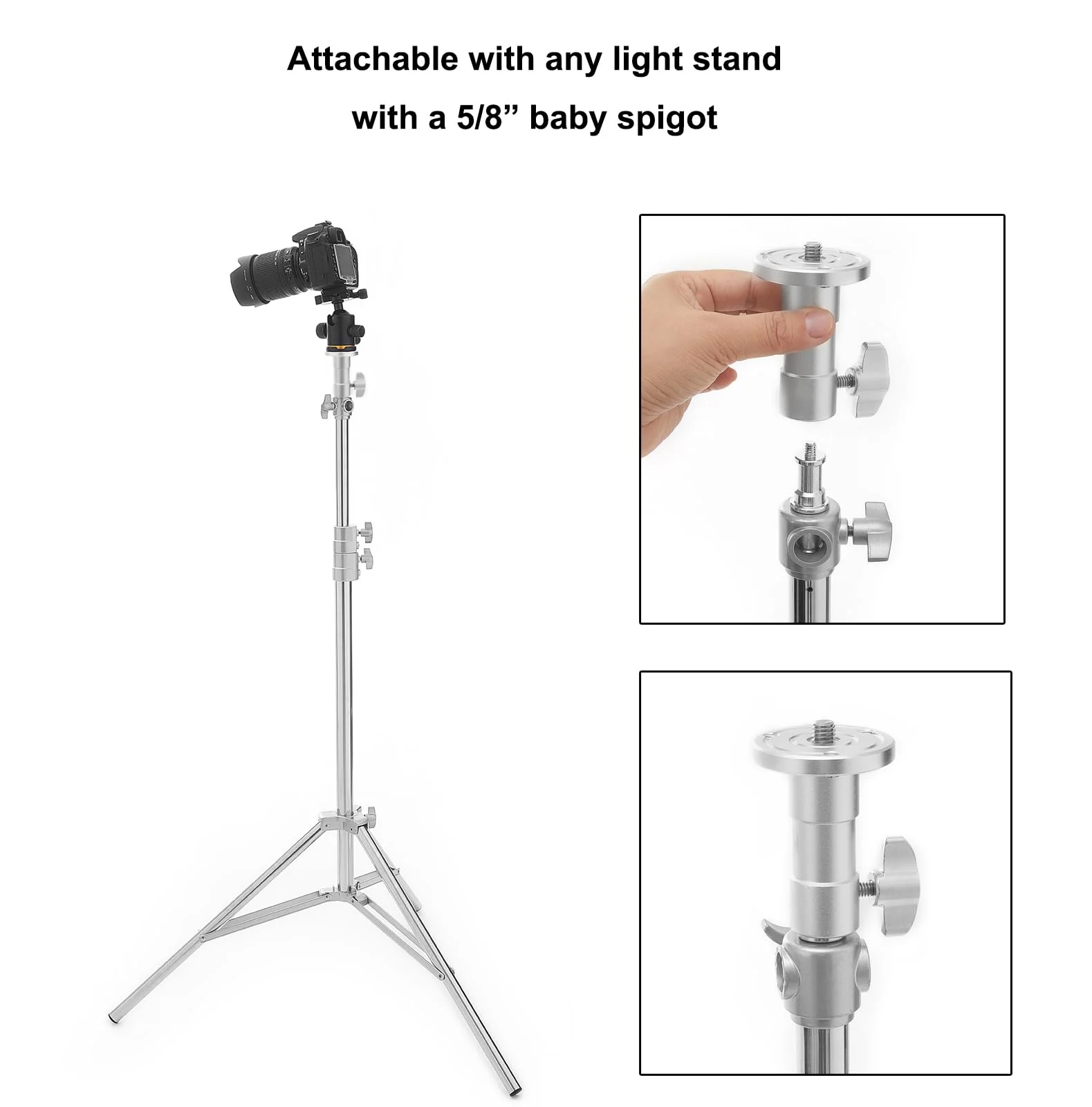 PHOCUS Baby Ball Head Adapter (5/8" Stud to 3/8" Thread), C Stand Camera Mount Adapter for Tripod Head on Photography Light Stand with Baby Pin or Junior Receiver - Image 5