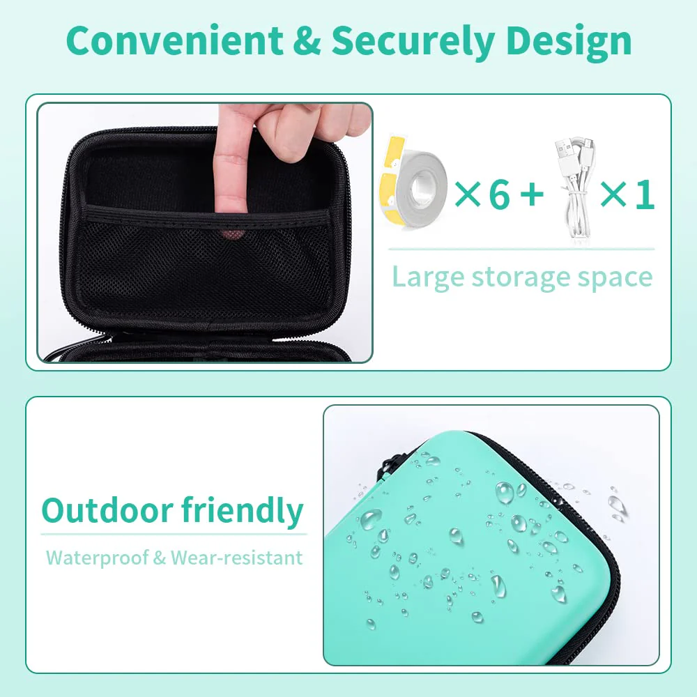 Phomemo D30 D35 Label Maker Case, Waterproof Storage Bag Compatible with NELKO P21/NIIMBOT D11/JADENS D110/SUPVAN E10 Label Printer, Fits for Mini Bluetooth Labels Sticker Machine, Box only Green - Image 7