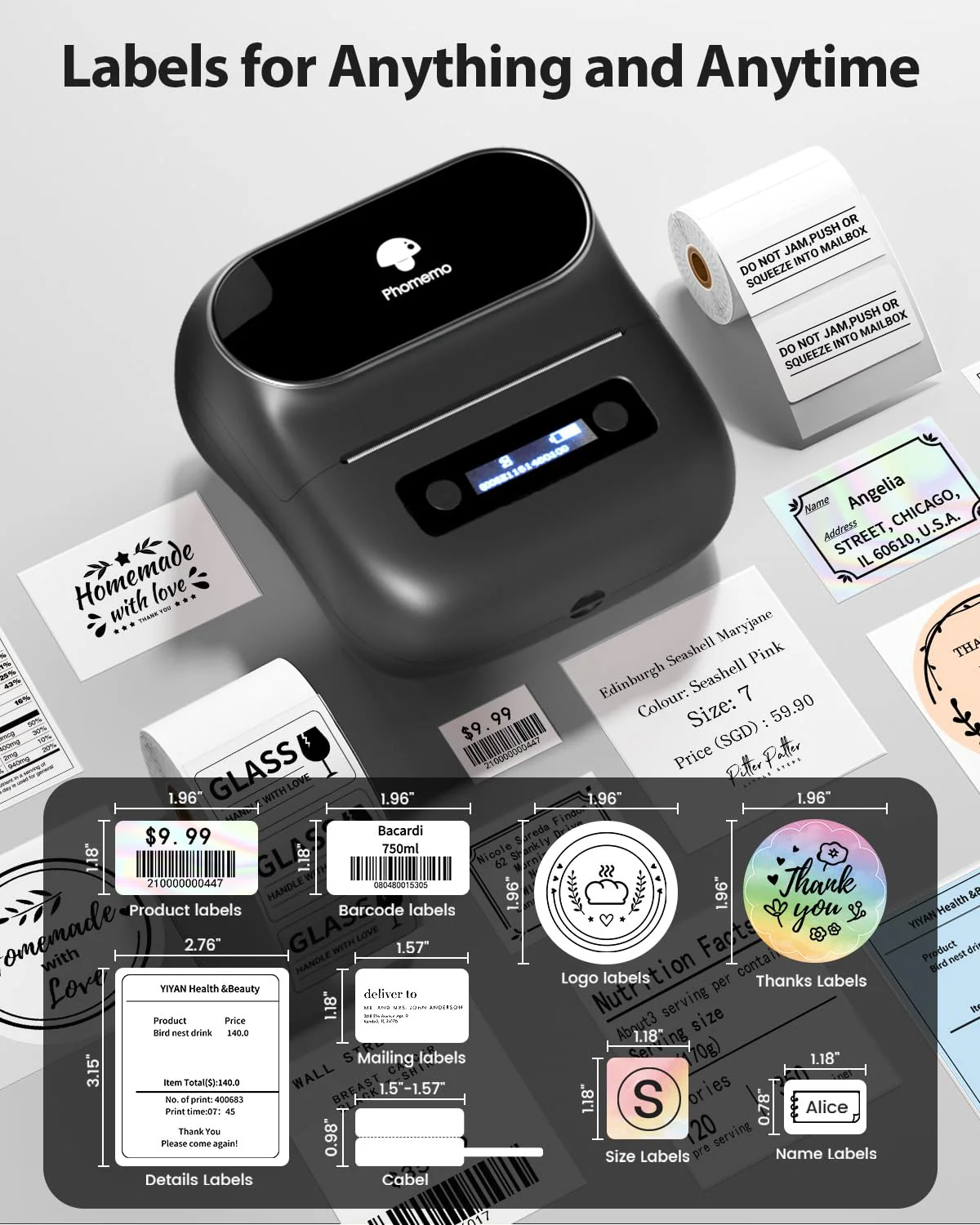 Phomemo M220 Label Maker,Thermal Label Printer,Upgrade Bluetooth Label Sticker Maker Machine, Multiple Template Font for Home,Office,Business,Organization,Inkless Printer Compatible with Phone &Laptop Black 1 Printer + 1 Roll Labels - Image 2