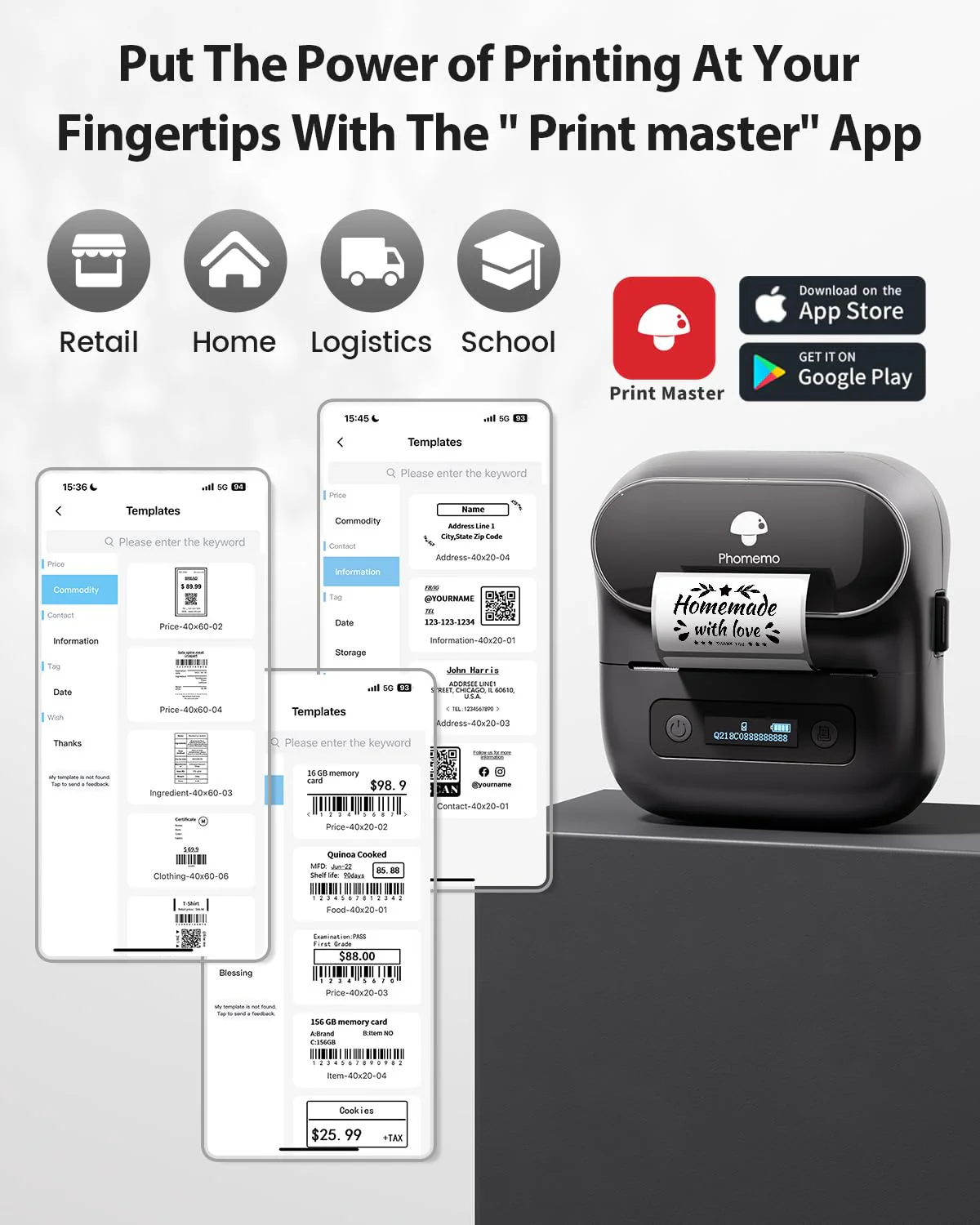 Phomemo M220 Label Maker,Thermal Label Printer,Upgrade Bluetooth Label Sticker Maker Machine, Multiple Template Font for Home,Office,Business,Organization,Inkless Printer Compatible with Phone &Laptop Black 1 Printer + 1 Roll Labels - Image 3
