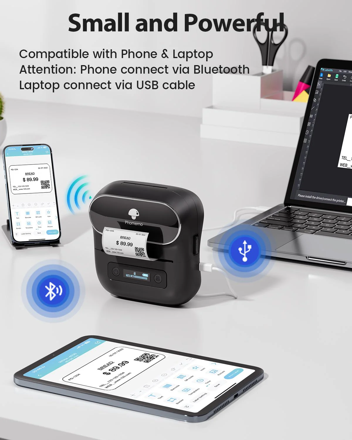 Phomemo M220 Label Maker,Thermal Label Printer,Upgrade Bluetooth Label Sticker Maker Machine, Multiple Template Font for Home,Office,Business,Organization,Inkless Printer Compatible with Phone &Laptop Black 1 Printer + 1 Roll Labels - Image 4