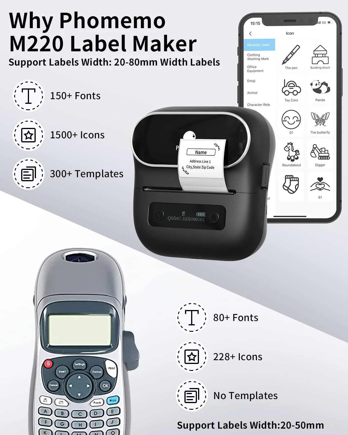 Phomemo M220 Label Maker,Thermal Label Printer,Upgrade Bluetooth Label Sticker Maker Machine, Multiple Template Font for Home,Office,Business,Organization,Inkless Printer Compatible with Phone &Laptop Black 1 Printer + 1 Roll Labels - Image 9