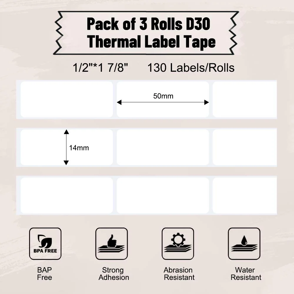 Phomemo Printer Paper D30 Sticker Thermal Paper Self-Adhesive Label Tape Black on White Self-Adhesive, 14 x 50 mm (0.55 x 1.97 Inch) 160 Tapes/Roll, 3-Roll 14x50 mm - Image 2