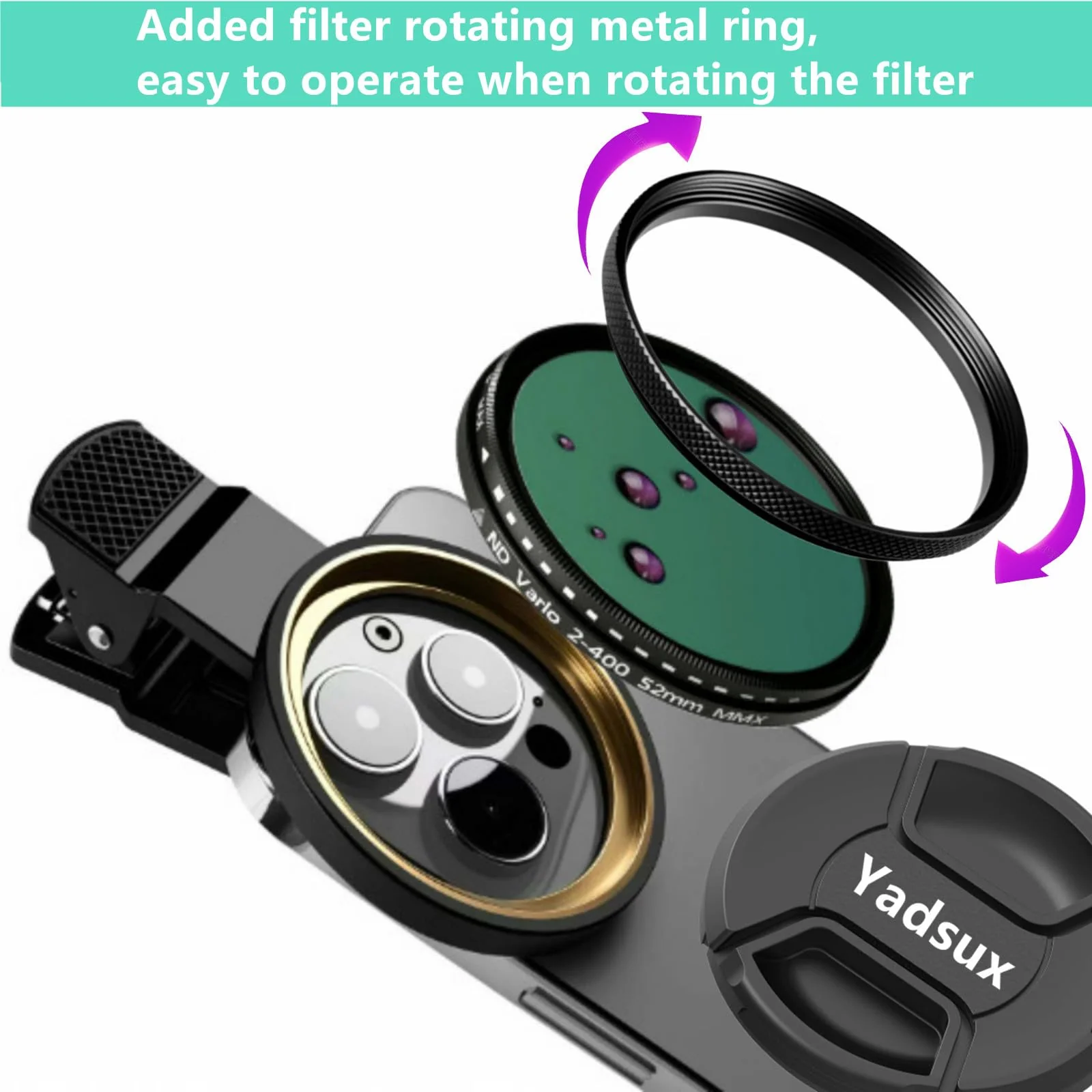 Phone 52MM Variable ND2-ND400 Filter for iPhone,Samsung and Other Smart Phones,Clip-on Adapter, HD Double-Sided Multi-Coated SLR Lens Grade Optical Glass, Mobile Phone Lens Accessories - Image 2