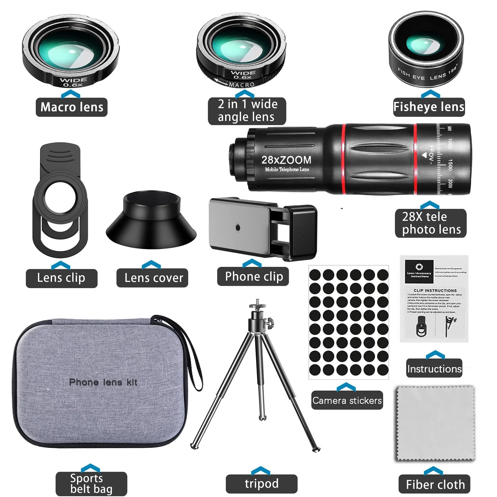 Phone Camera Lens Kit Upgraded Version Telephoto 28X Wide Angle 0.6X Macro 20X Fisheye 198° for Most Smartphones (Black) fisheye lens - Image 2