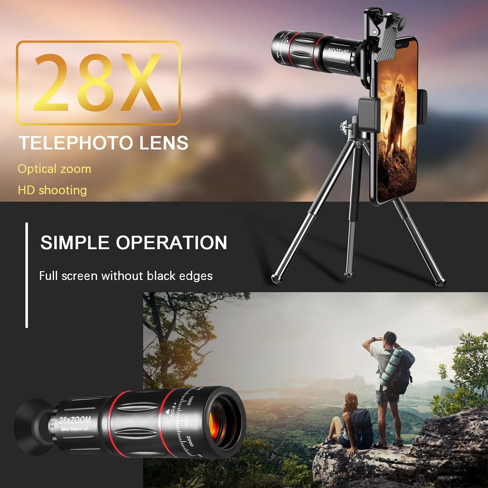 Phone Camera Lens Kit Upgraded Version Telephoto 28X Wide Angle 0.6X Macro 20X Fisheye 198° for Most Smartphones (Black) fisheye lens - Image 3
