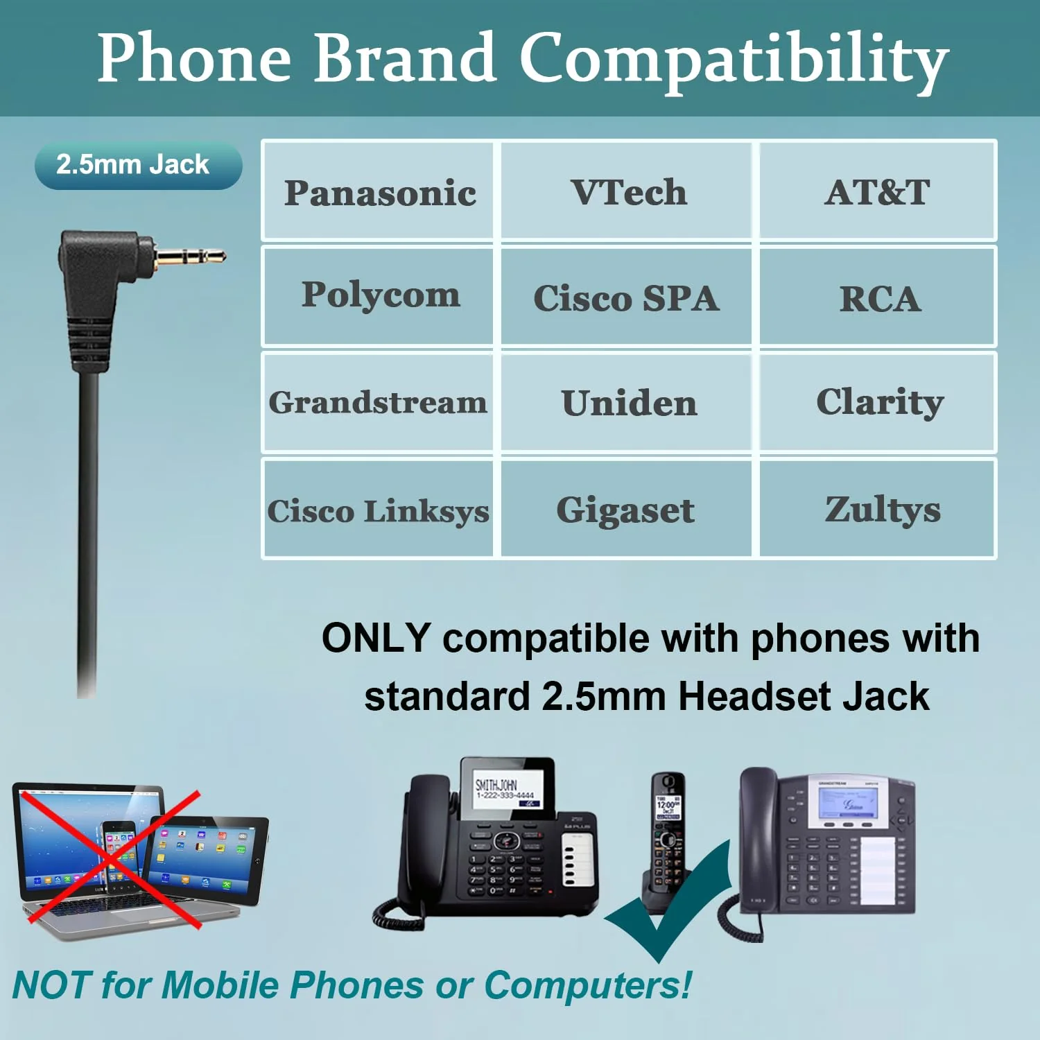 Phone Headset with Microphone Noise Cancelling & Volume Controls, 2.5mm Office Telephone Headphone for VTech Panasonic KX-TGE633M TGF352N Cisco SPA504G 508G AT&T ML17929 RCA Cordless Landline Phones Black - Image 2