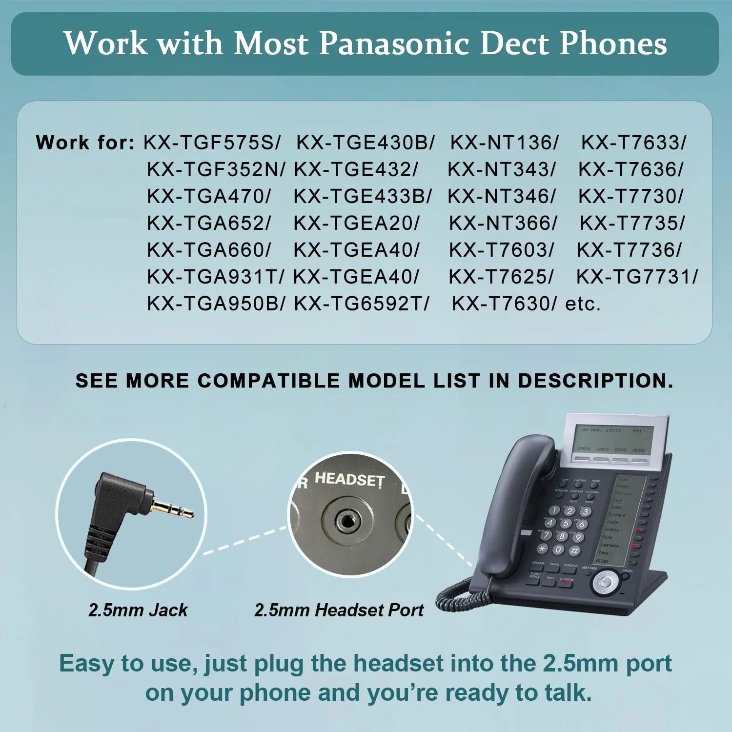 Phone Headset with Microphone Noise Cancelling & Volume Controls, 2.5mm Office Telephone Headphone for VTech Panasonic KX-TGE633M TGF352N Cisco SPA504G 508G AT&T ML17929 RCA Cordless Landline Phones Black - Image 3