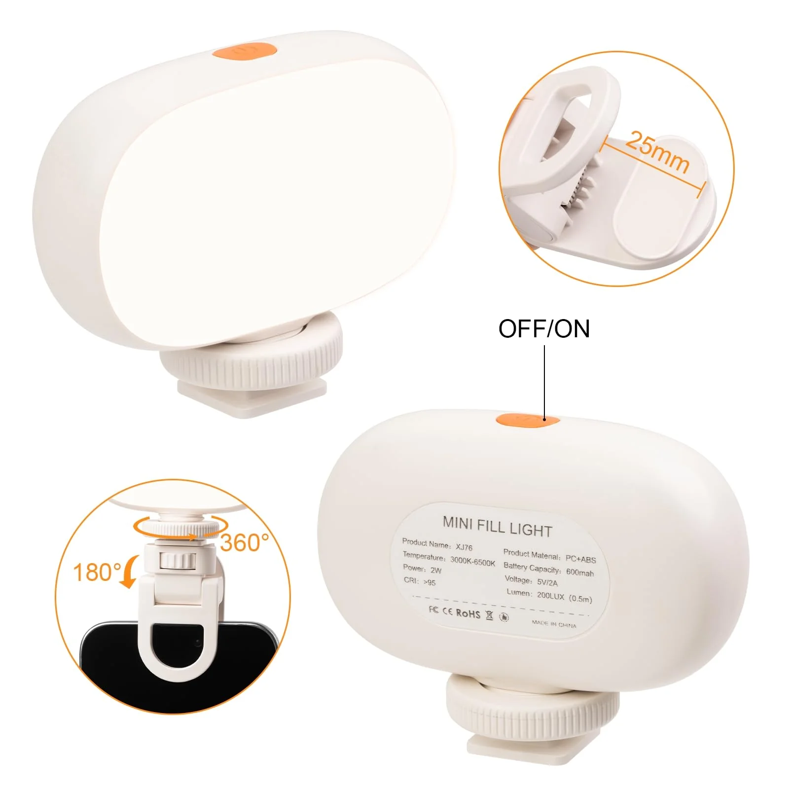 Phone Light Clip, Rechargeable Selfie Light with 600mAh Battery, Adjustable 3-Mode Light Temperature, Portable Clip-On Ring Light for Selfies, Videos, and Makeup Oval Clip Light - 600mAh - Image 3