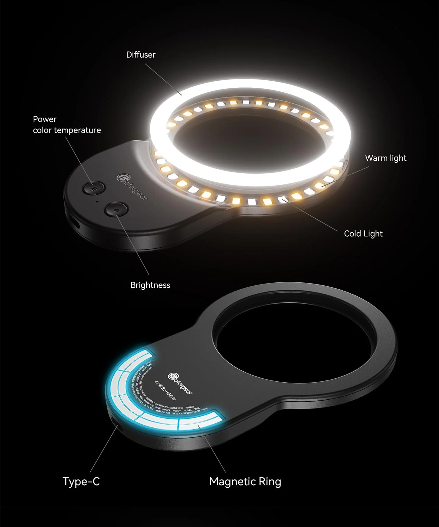 Phone Light, Selfie Light Magnetic, Video Light Compatible with iPhone Android, Tablet, Camera, Laptop Camera Photography, 3 Adjustable Light Modes, Beauty Selfie Ring Light - Black - Image 2