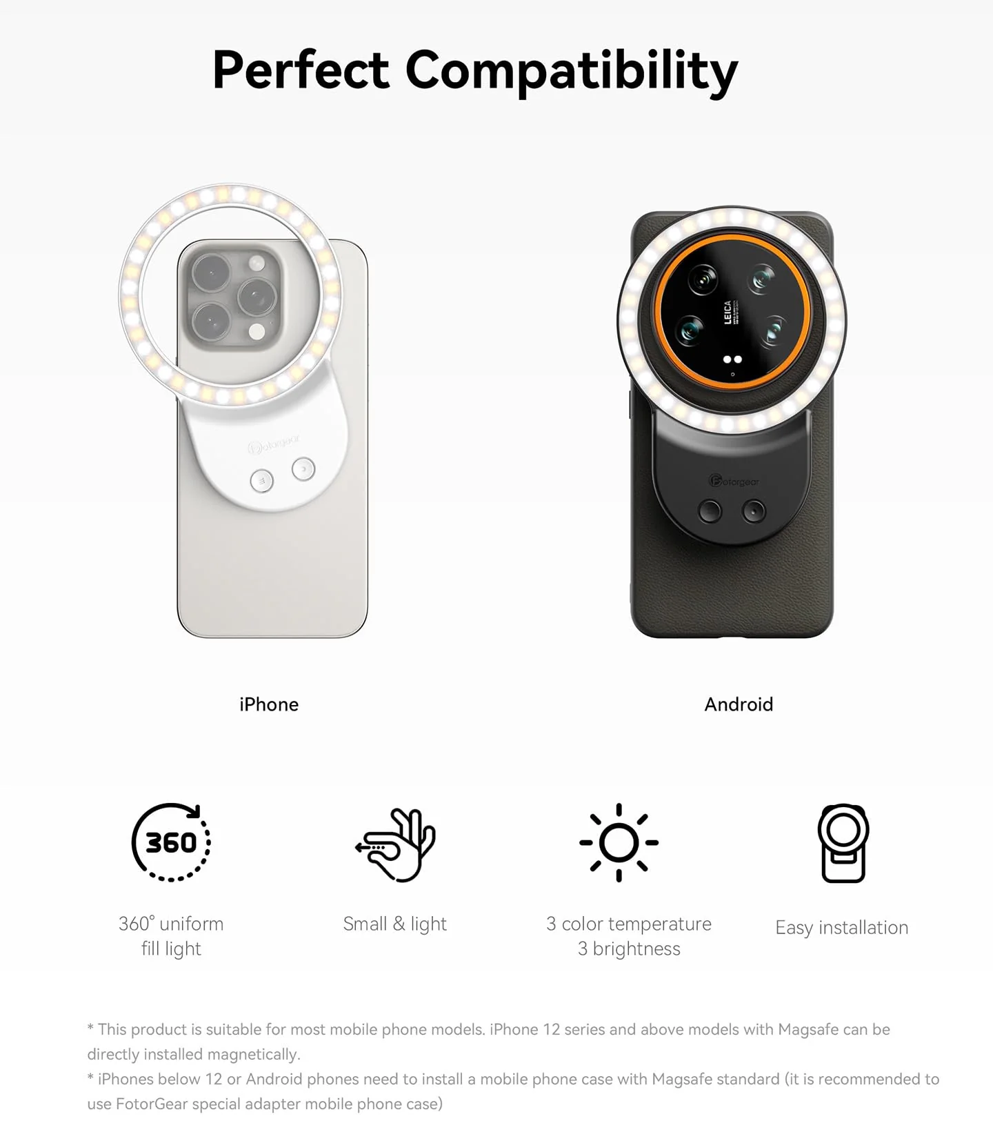 Phone Light, Selfie Light Magnetic, Video Light Compatible with iPhone Android, Tablet, Camera, Laptop Camera Photography, 3 Adjustable Light Modes, Beauty Selfie Ring Light - Black - Image 3