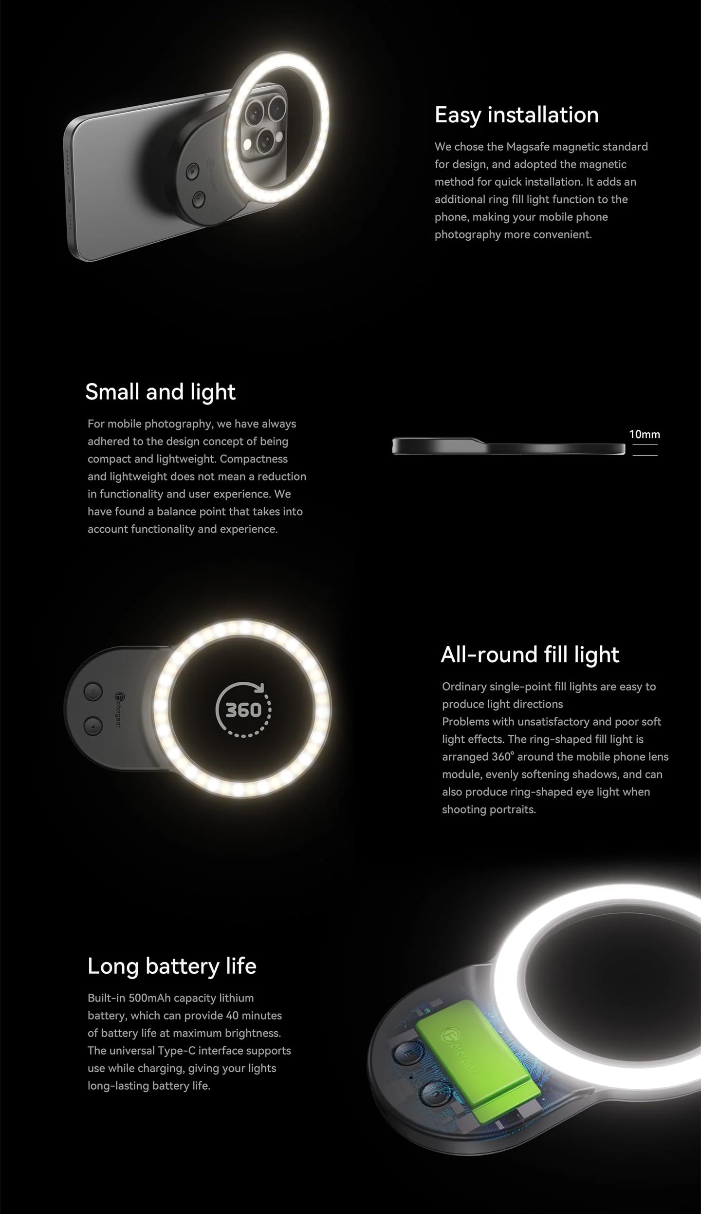 Phone Light, Selfie Light Magnetic, Video Light Compatible with iPhone Android, Tablet, Camera, Laptop Camera Photography, 3 Adjustable Light Modes, Beauty Selfie Ring Light - Black - Image 7