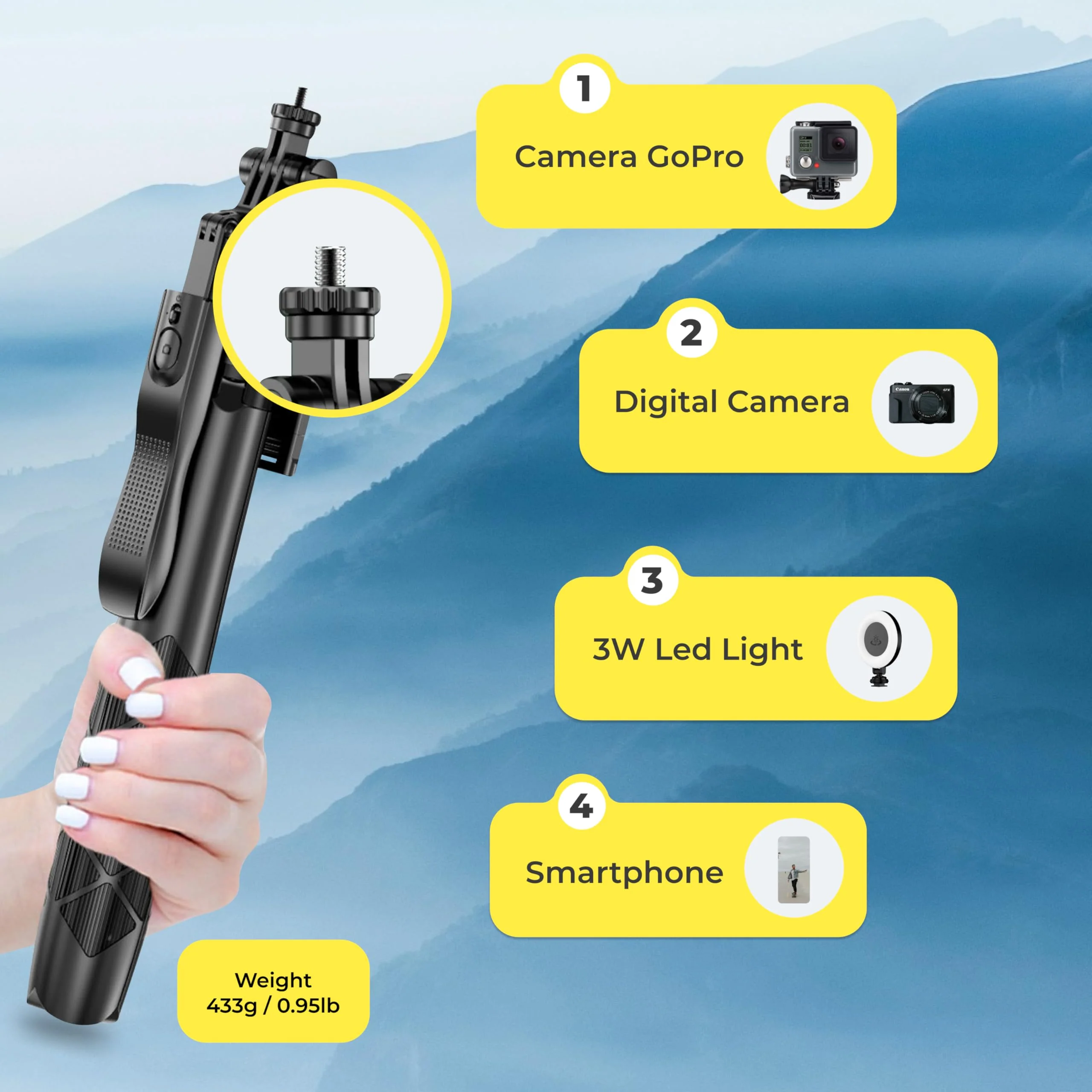Phone Tripod 62" Selfie Stick for iPhone with Remote and 3W LED Light, Universal Mount, Phone Stand for Recording & Streaming, Tripod for iPhone & Android Phone & Gopro Black - Image 3