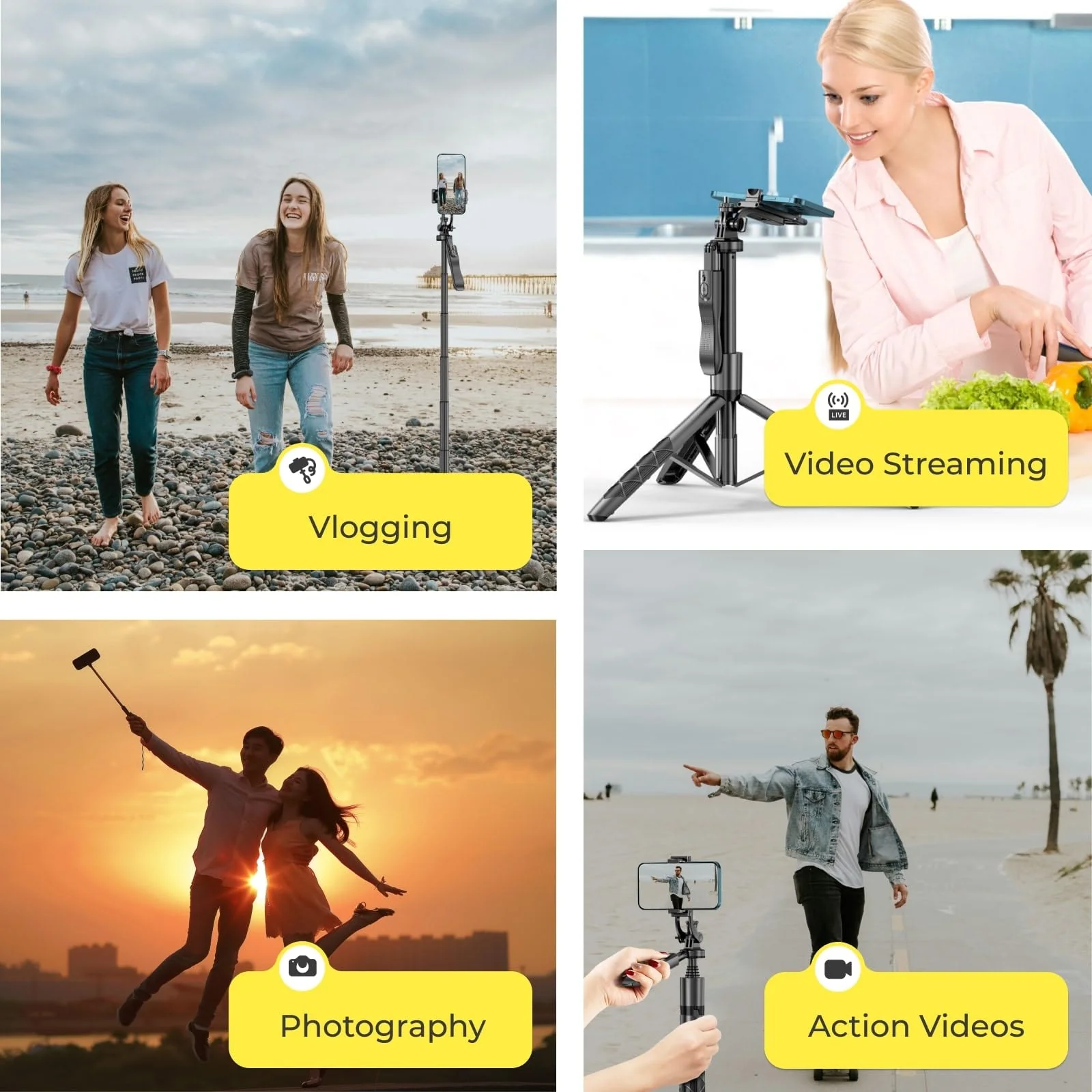 Phone Tripod 62" Selfie Stick for iPhone with Remote and 3W LED Light, Universal Mount, Phone Stand for Recording & Streaming, Tripod for iPhone & Android Phone & Gopro Black - Image 4