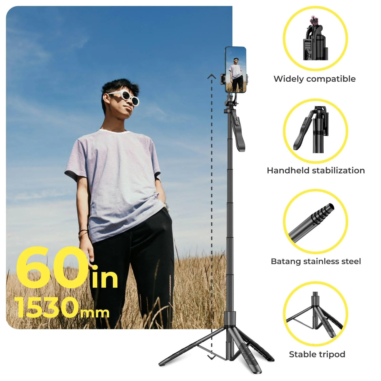Phone Tripod 62" Selfie Stick for iPhone with Remote and 3W LED Light, Universal Mount, Phone Stand for Recording & Streaming, Tripod for iPhone & Android Phone & Gopro Black - Image 5