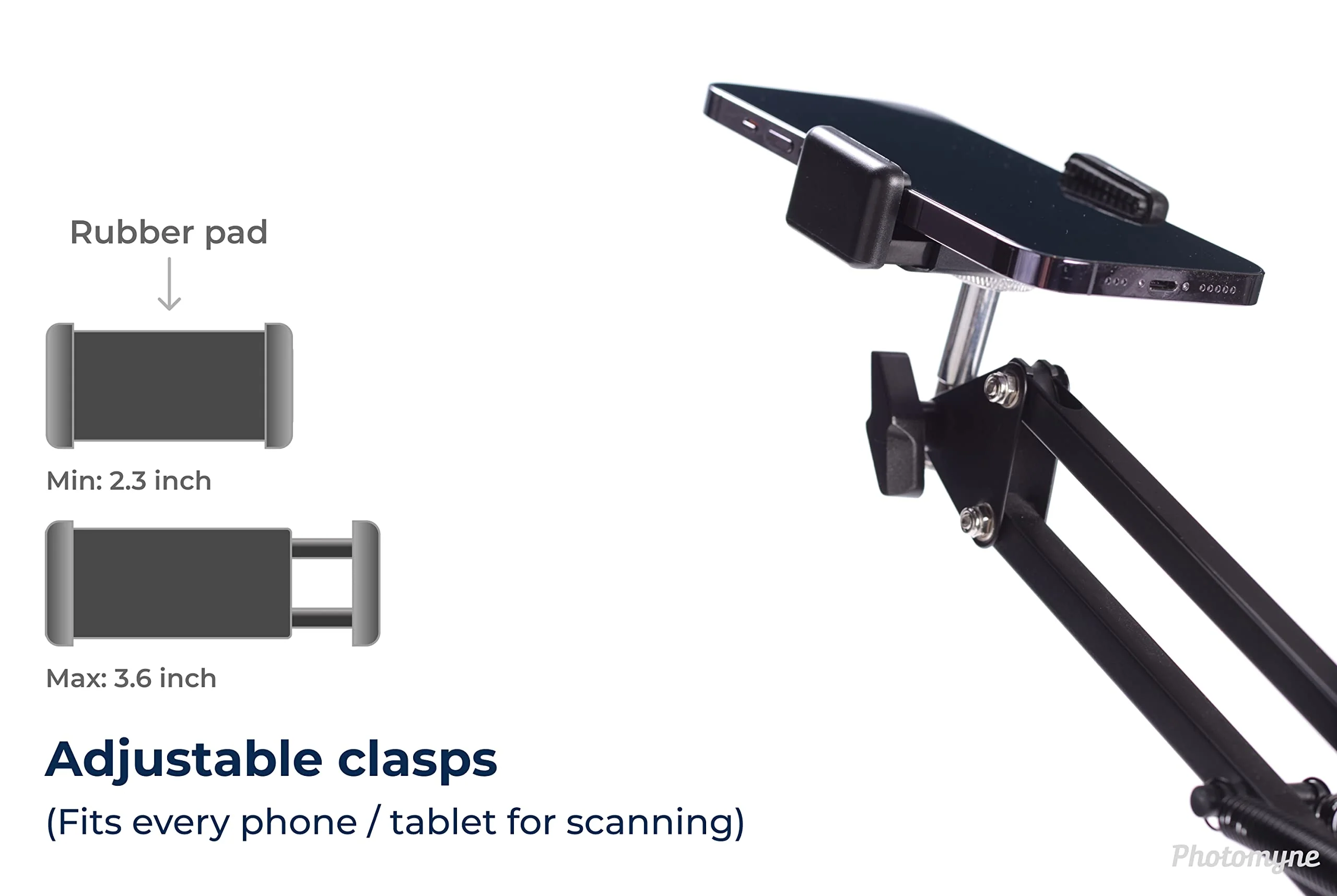 PHOTOMYNE Sturdy Flexible Phone Holder for Desk, Table, Office, Kitchen with Clamp for Photo Album Scanning, iPhone Holder for Desk- Black - Image 3