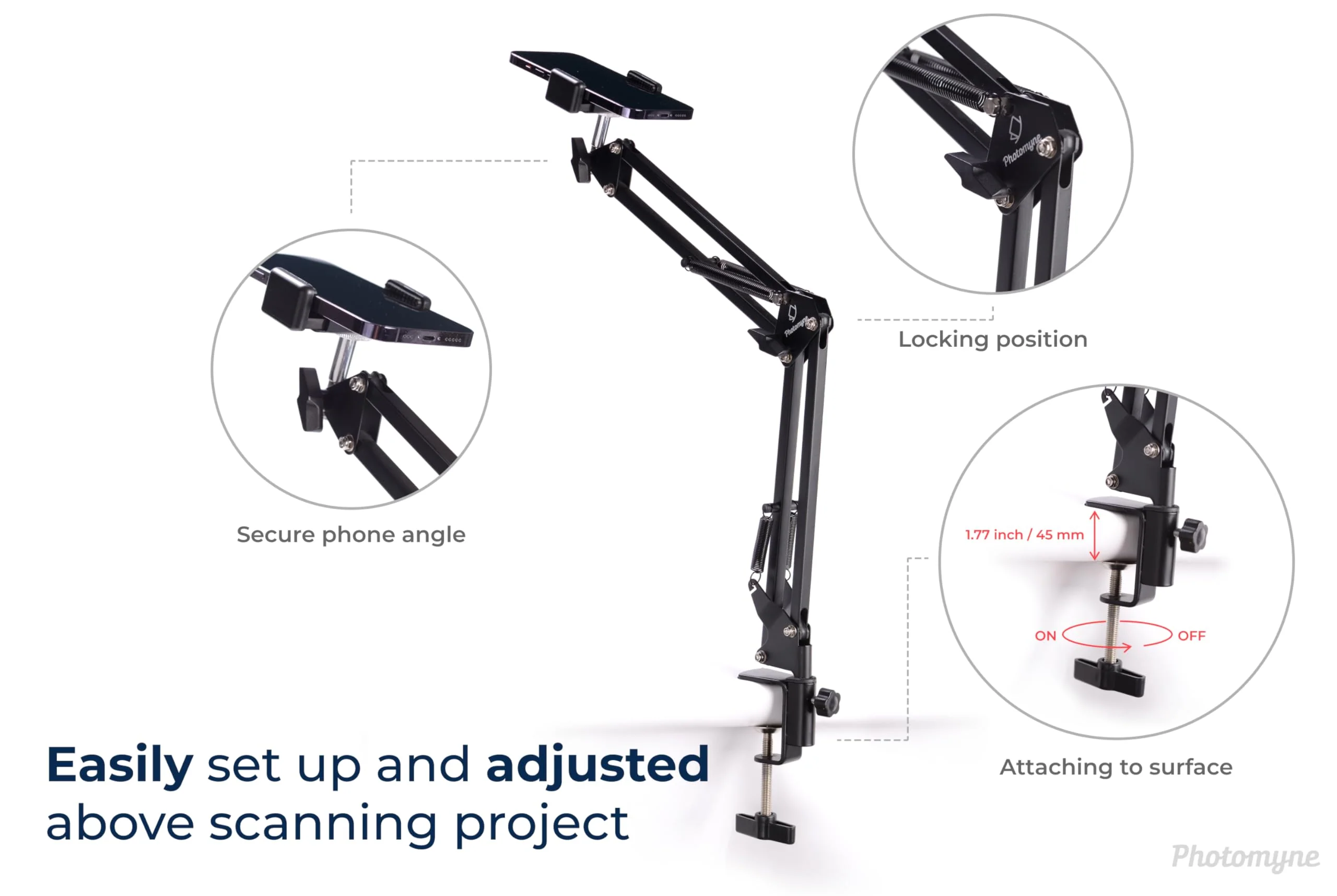 PHOTOMYNE Sturdy Flexible Phone Holder for Desk, Table, Office, Kitchen with Clamp for Photo Album Scanning, iPhone Holder for Desk- Black - Image 4