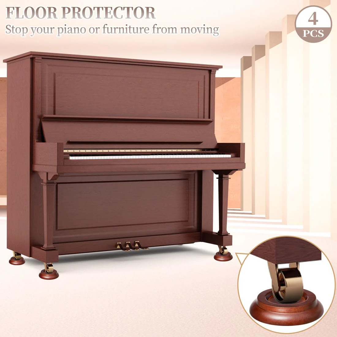 Piano Caster Cups Upright Piano Caster Cups Wood coasters Cups Brown-wood 4cups - Image 2