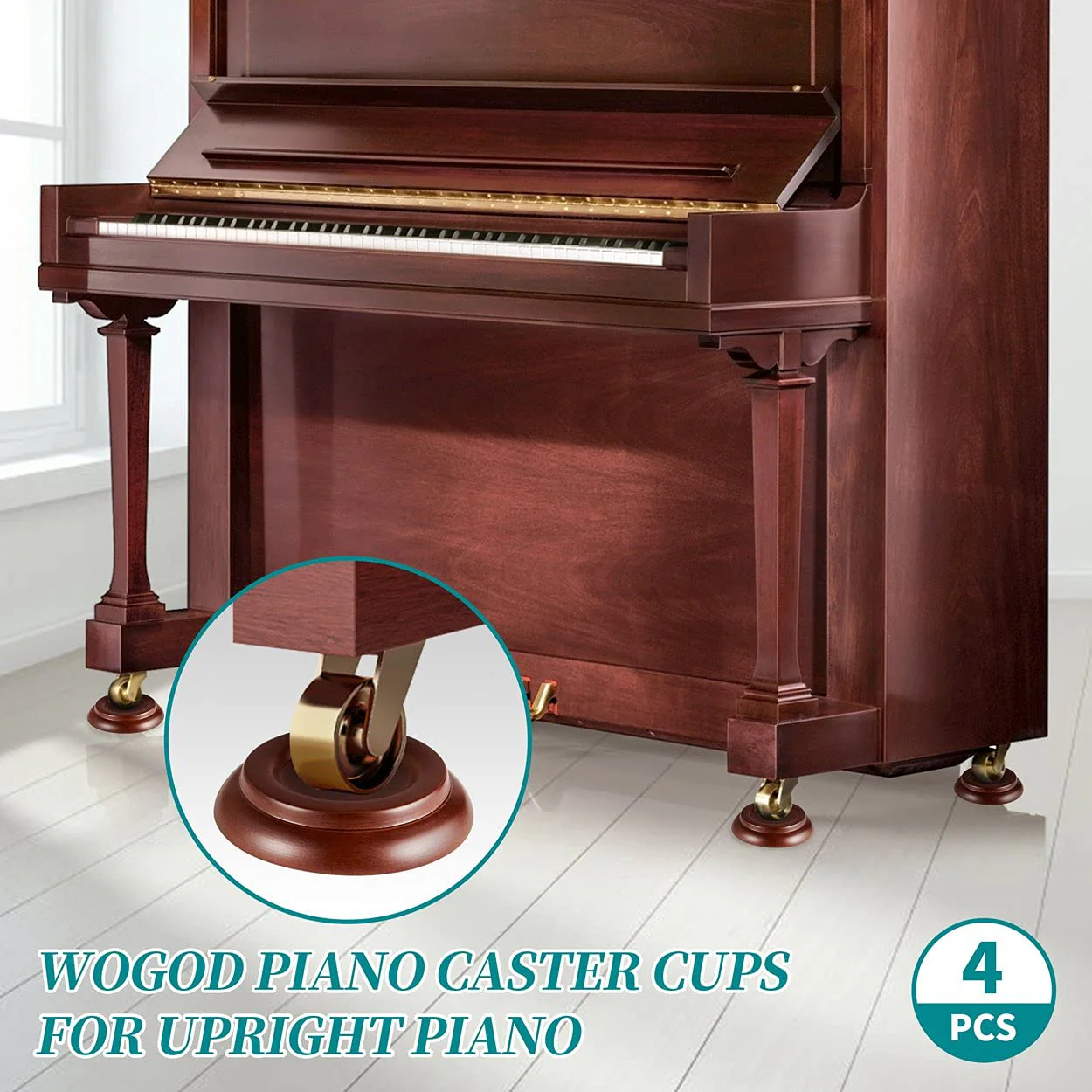 Piano Caster Cups - Upright Piano Wheel Floor Protectors Piano Coasters .Set of 4 Brown - Image 3
