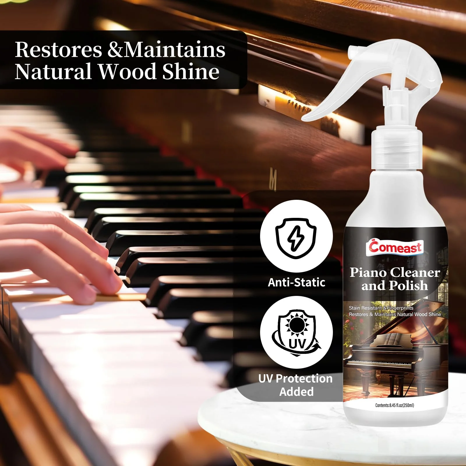 Piano Cleaner and Polish, Clean, Wax and Protect Glossy All in One Bottle Restore the Shine, Remove Fingerprints and Stains, and Enhance the Brightness of the Wood or Lacquer Finish, 8.45 Fl Oz - Image 3