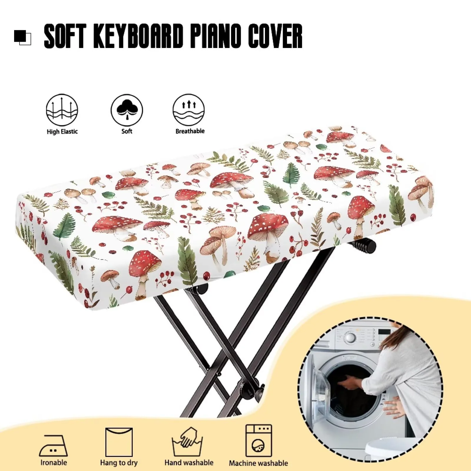 Piano Keyboard Cover 61 Keys,Keyboard Piano Accessories,Piano Keyboard Cover,Piano Cover,Keyboard Dust Cover,Chic Mushroom Print White Small Chic Mushroom Print White - Image 4