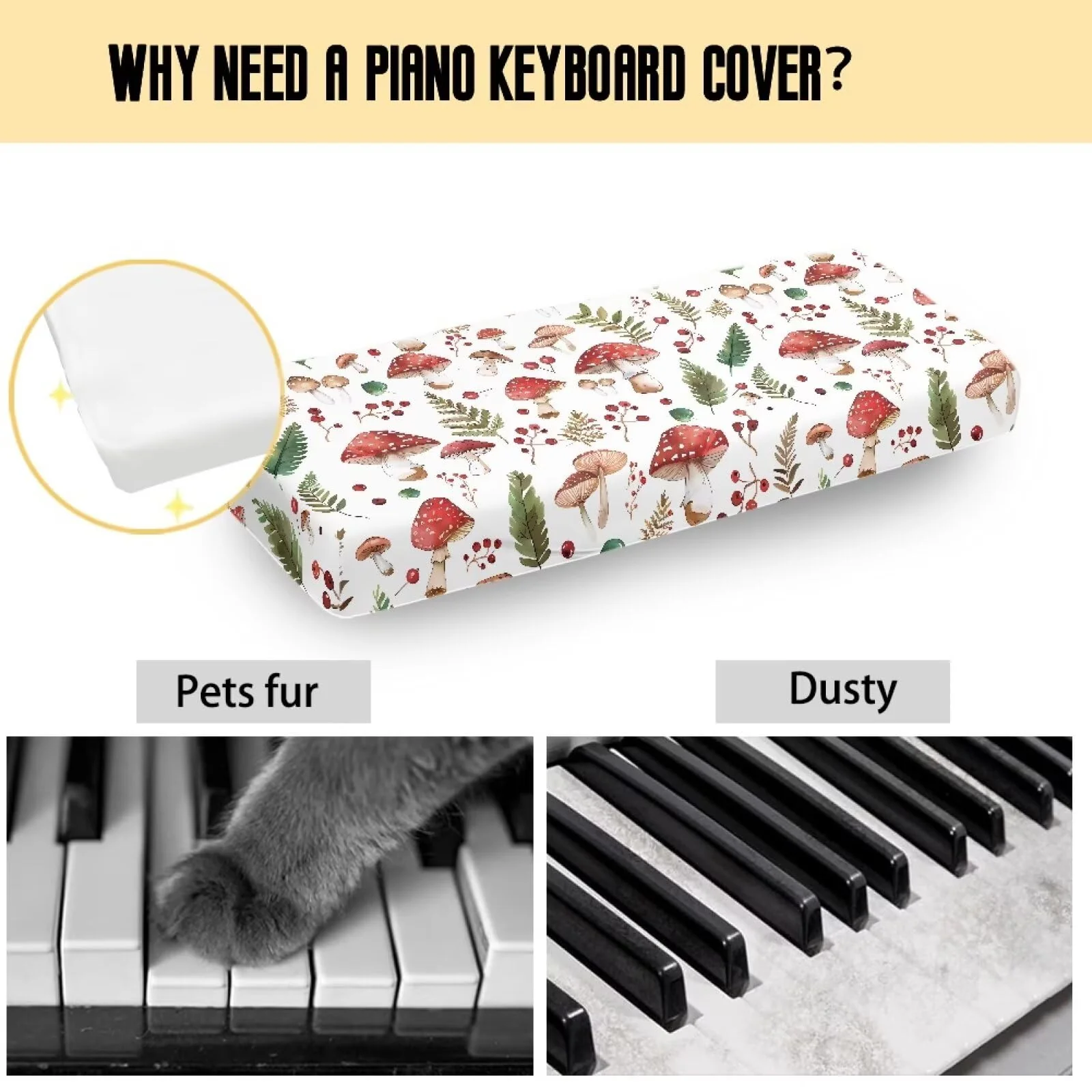 Piano Keyboard Cover 61 Keys,Keyboard Piano Accessories,Piano Keyboard Cover,Piano Cover,Keyboard Dust Cover,Chic Mushroom Print White Small Chic Mushroom Print White - Image 7