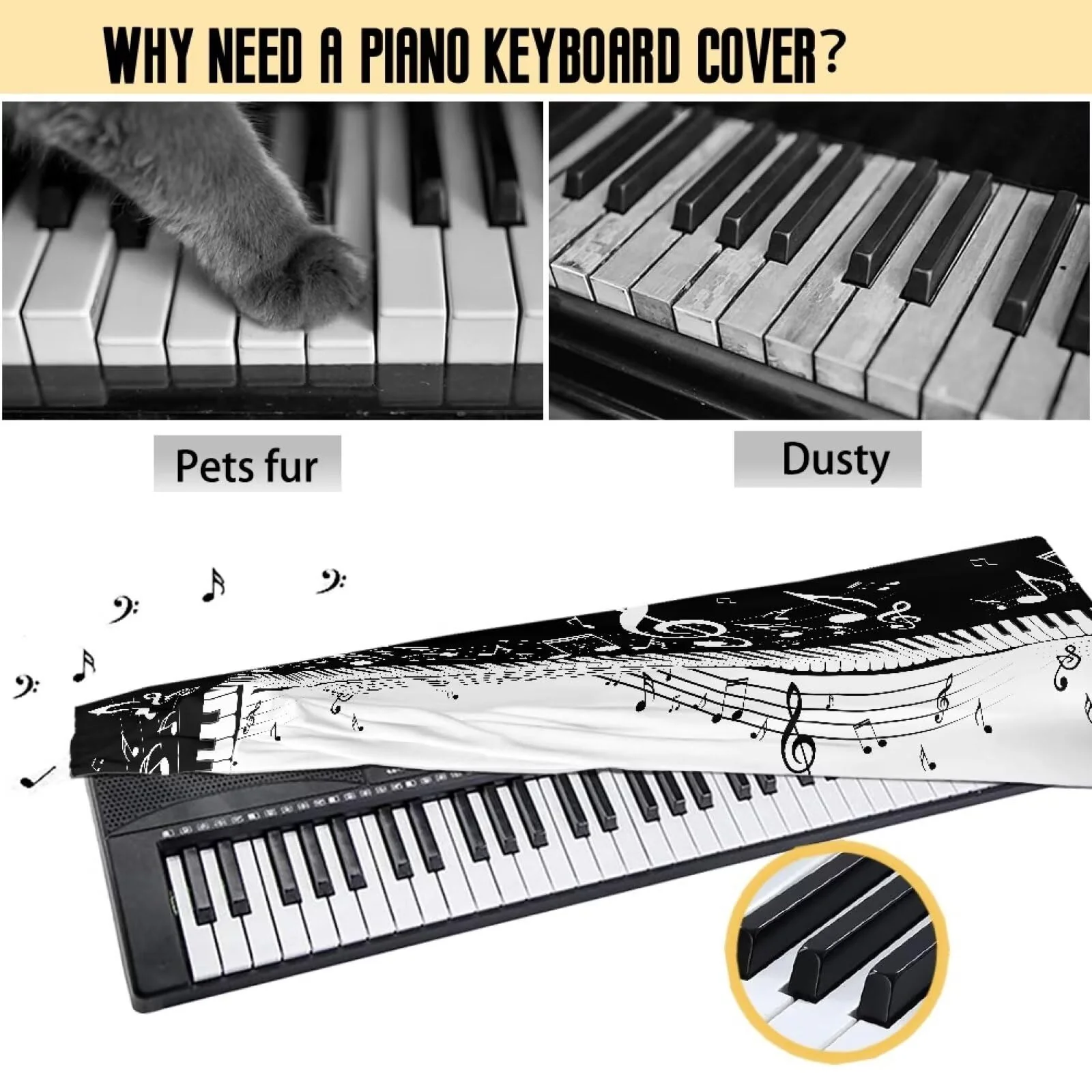 Piano Print Piano Keyboard Dust Cover 61 Keys Full Cover Piano Keyboard Covers Stretchy Waterproof Cloth Electric Piano Keyboard Covers S Size (61-76 key) - Image 5