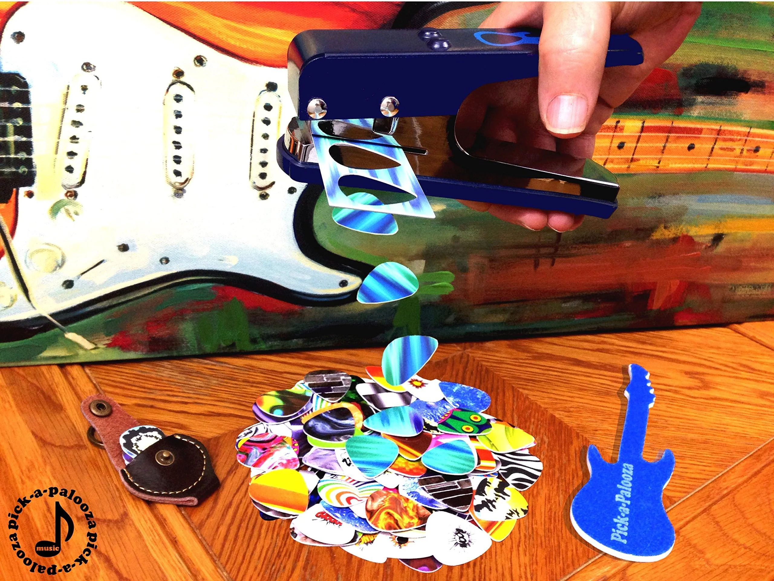 Pick-a-Palooza DIY Guitar Pick Punch - The Premium Guitar Pick Maker and a Leather Key Chain Pick Holder - Gift Pack - Blue - Image 7