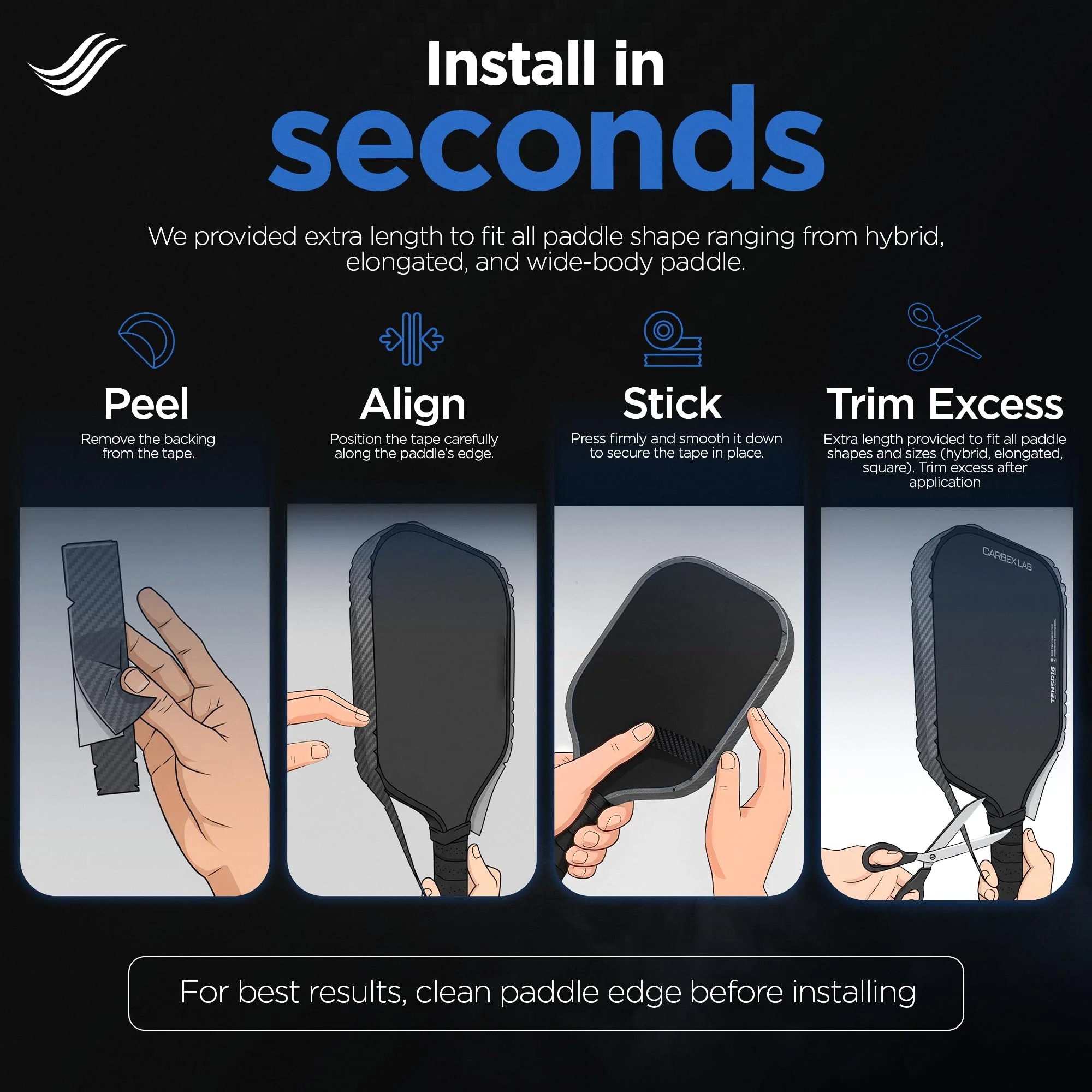 Pickleball Edge Guard Tape – 4-Pack PU Vinyl Strips – Universal Fit 26mm for 14mm Paddles / 30mm for 16mm Paddles – Durable, Wrinkle-Free Edge Shield, Court-Safe Wrap Accessory Carbon Black 30mm (Fits 16mm Paddle) - Image 3