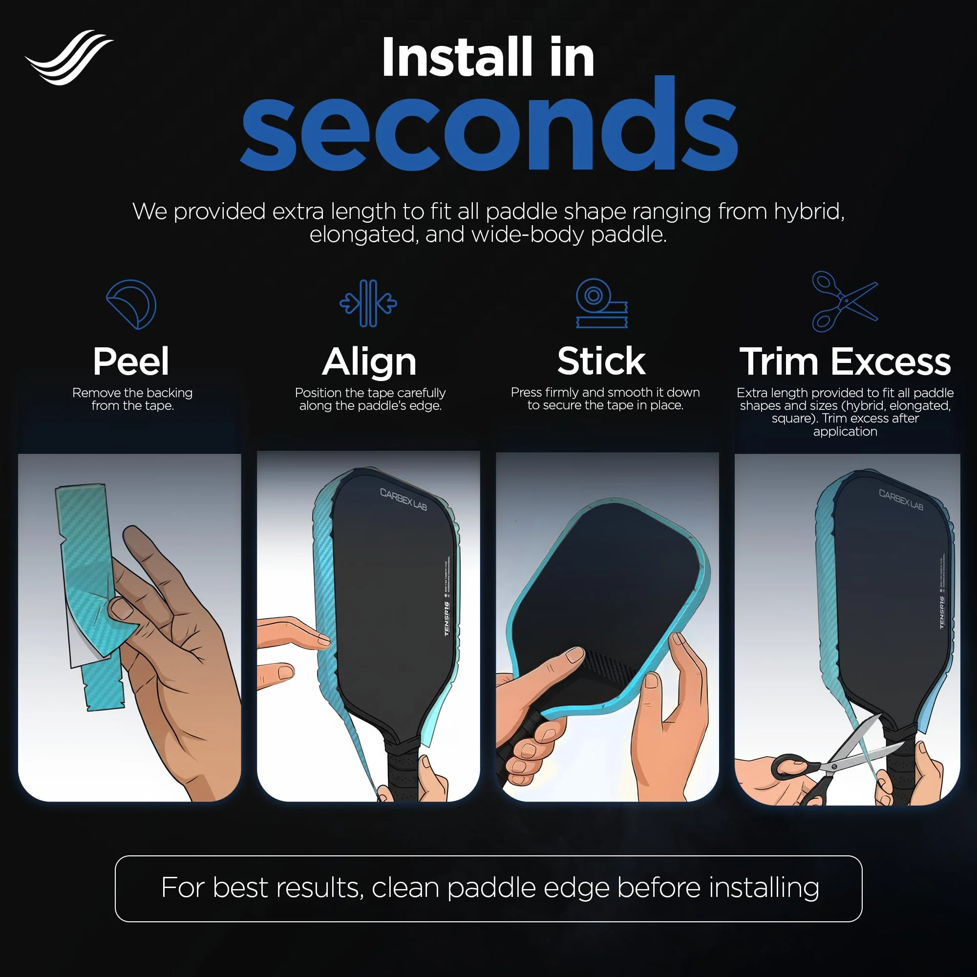 Pickleball Edge Guard Tape – 4-Pack PU Vinyl Strips – Universal Fit 26mm for 14mm Paddles / 30mm for 16mm Paddles – Durable, Wrinkle-Free Edge Shield, Court-Safe Wrap Accessory Carbon Ice Blue 30mm (Fits 16mm Paddle) - Image 3