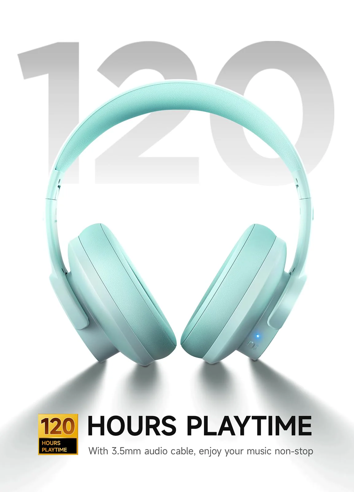 Picun B8 Bluetooth Headphones Over Ear, 120H Playtime Wireless Headphones with 3 EQ Modes Low Latency, Hands-Free Calls, Deep Bass Headphones for Travel Home Office Cellphone PC (Cyan) Cyan - Image 3