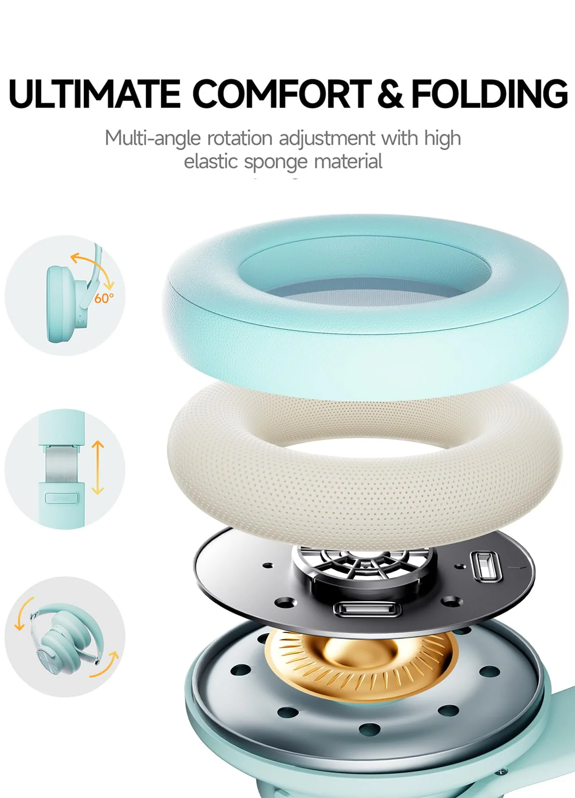Picun B8 Bluetooth Headphones Over Ear, 120H Playtime Wireless Headphones with 3 EQ Modes Low Latency, Hands-Free Calls, Deep Bass Headphones for Travel Home Office Cellphone PC (Cyan) Cyan - Image 5