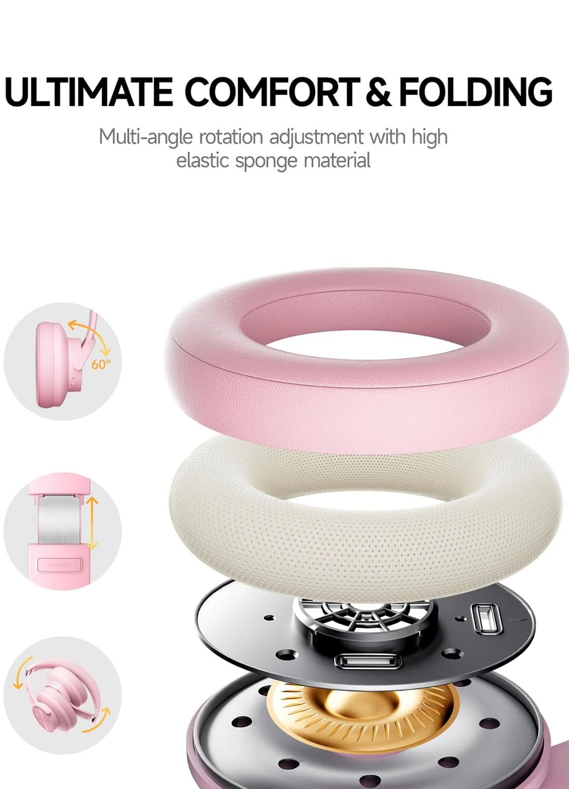 Picun B8 Headphones Wireless Bluetooth, 120H Bluetooth Headphones Over Ear with 3EQ Music Modes, Hands-Free Calls, Deep Bass Headphones for Travel Home Office Cellphone PC (Pink) Pink - Image 6