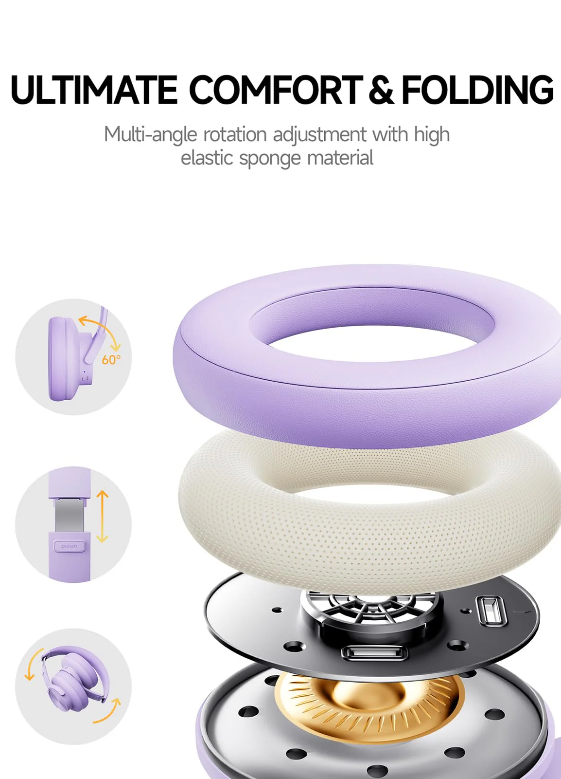 Picun B8 Headphones Wireless Bluetooth, 120H Bluetooth Headphones Over Ear with 3EQ Music Modes, Hands-Free Calls, Deep Bass Headphones for Travel Home Office Cellphone PC (Purple) Purple - Image 5