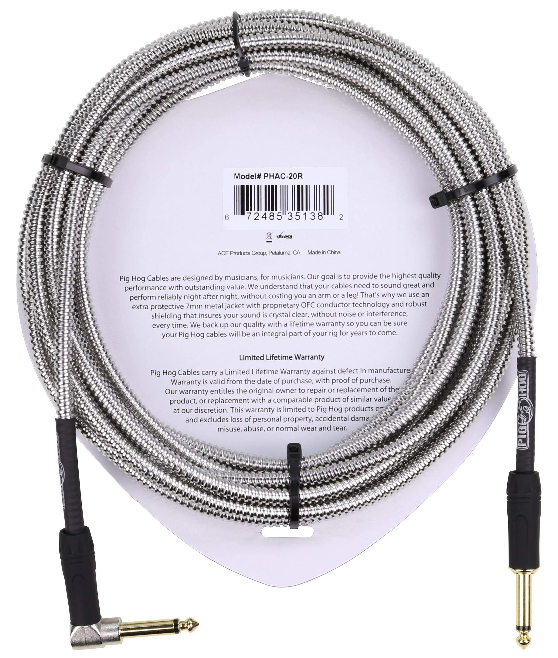 Pig Hog PHAC-20R Armor Clad Right-Angle 1/4" to 1/4" Guitar Instrument Cable, 20 Feet - Image 2