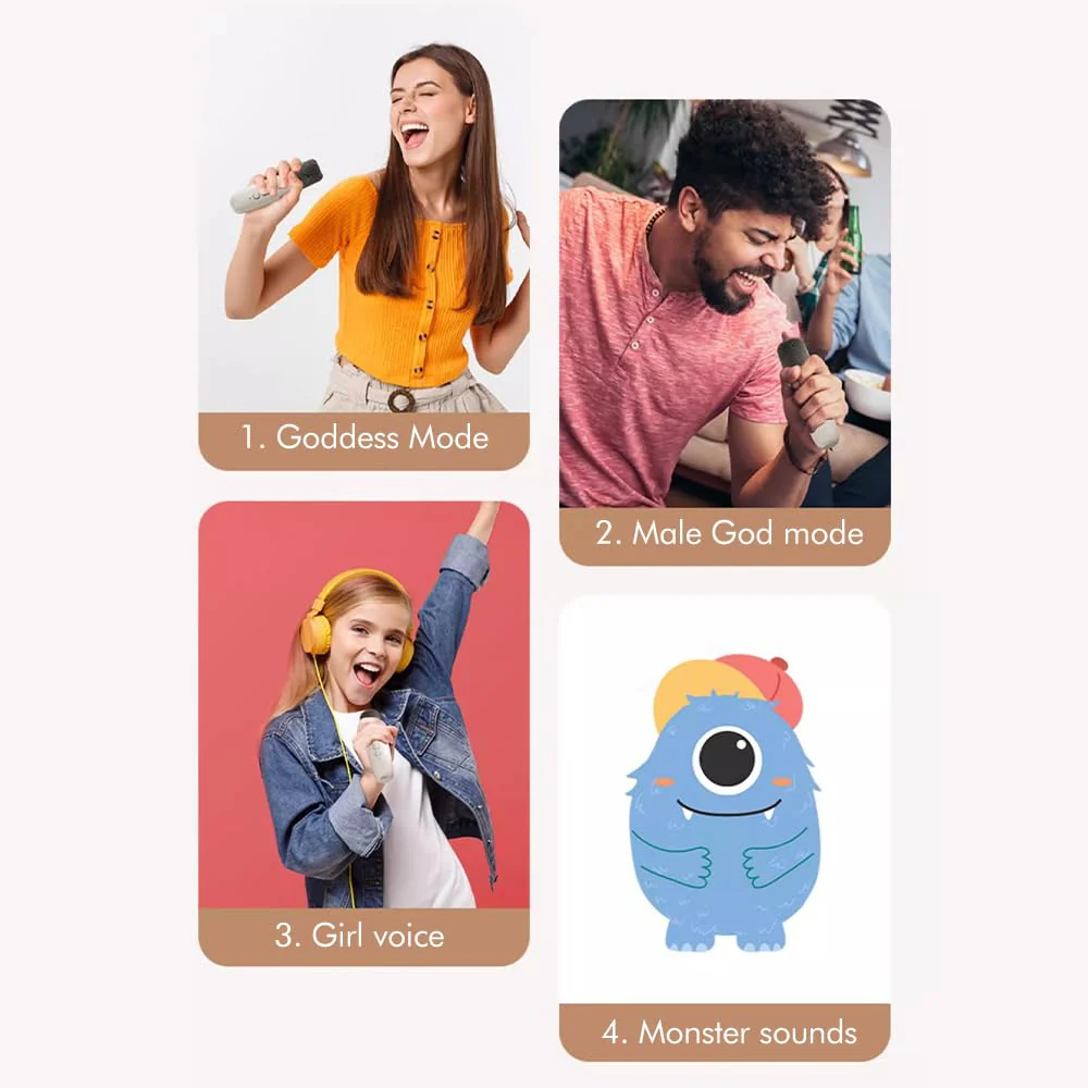 Pilarmuture Mini Karaoke Machine with 2 Wireless Microphones, Dual Noise Reduction, Voice Change with Multiple Modes, Bluetooth, White - Image 3