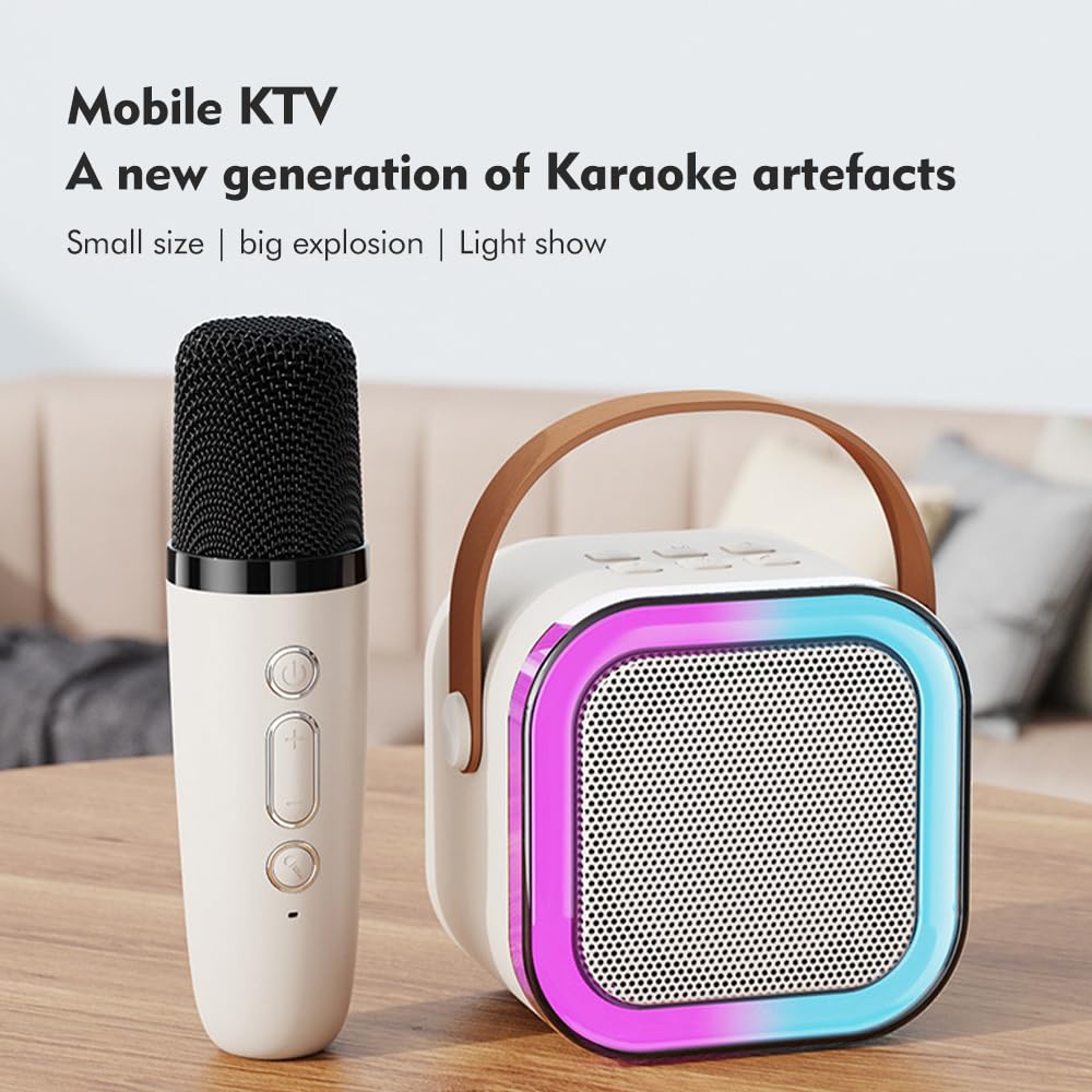 Pilarmuture Mini Karaoke Machine with 2 Wireless Microphones, Dual Noise Reduction, Voice Change with Multiple Modes, Bluetooth, White - Image 6