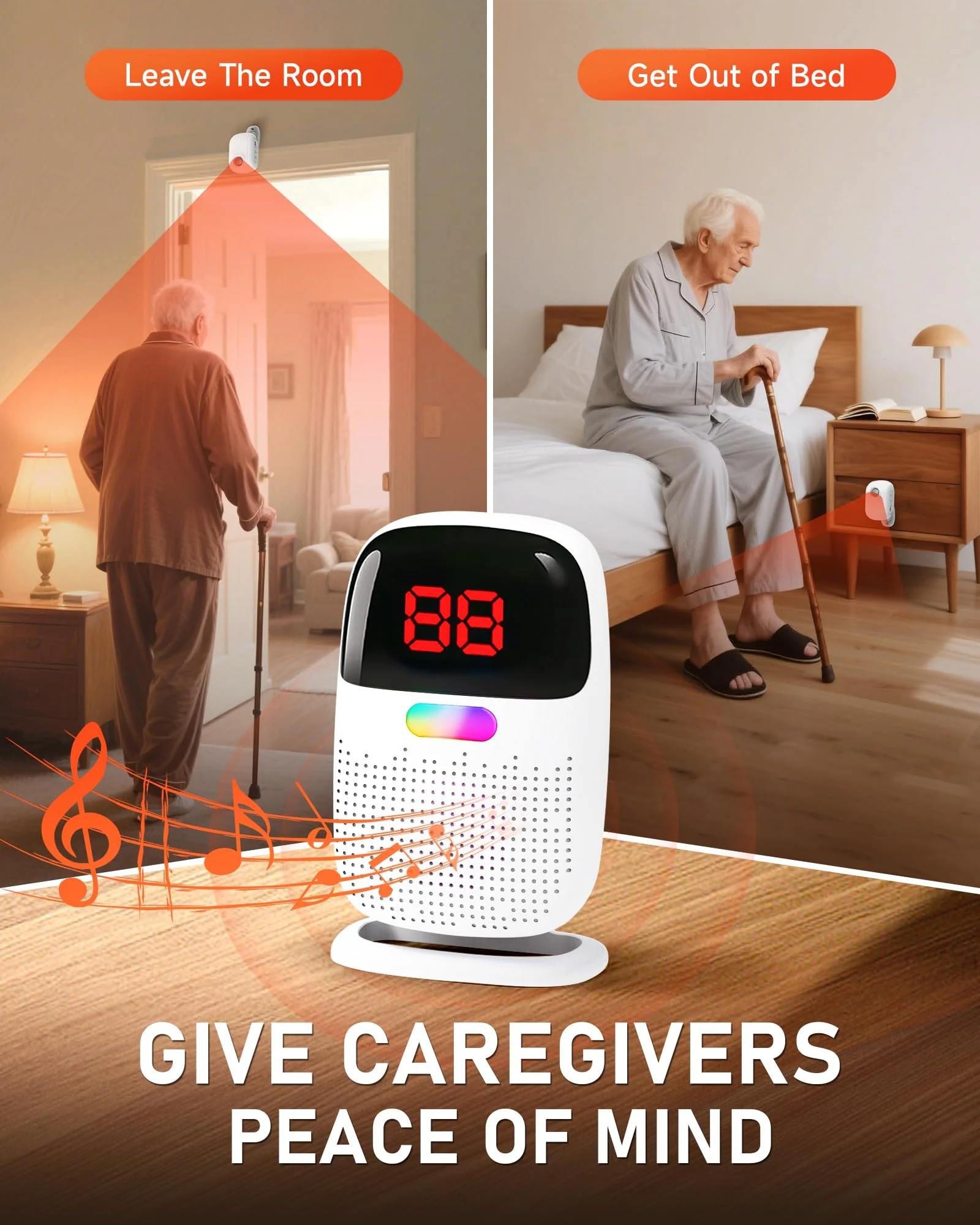 PILSAMAS Bed Alarms for Elderly Dementia Patients - Digital Sensor ID Display & Clip-On Caregiver Pager, Wirelss 1000ft Range, No Month Fee, Motion Sensors for Fall & Room Exit Alerts 2 Sensors+ 1 Receiver - Image 2