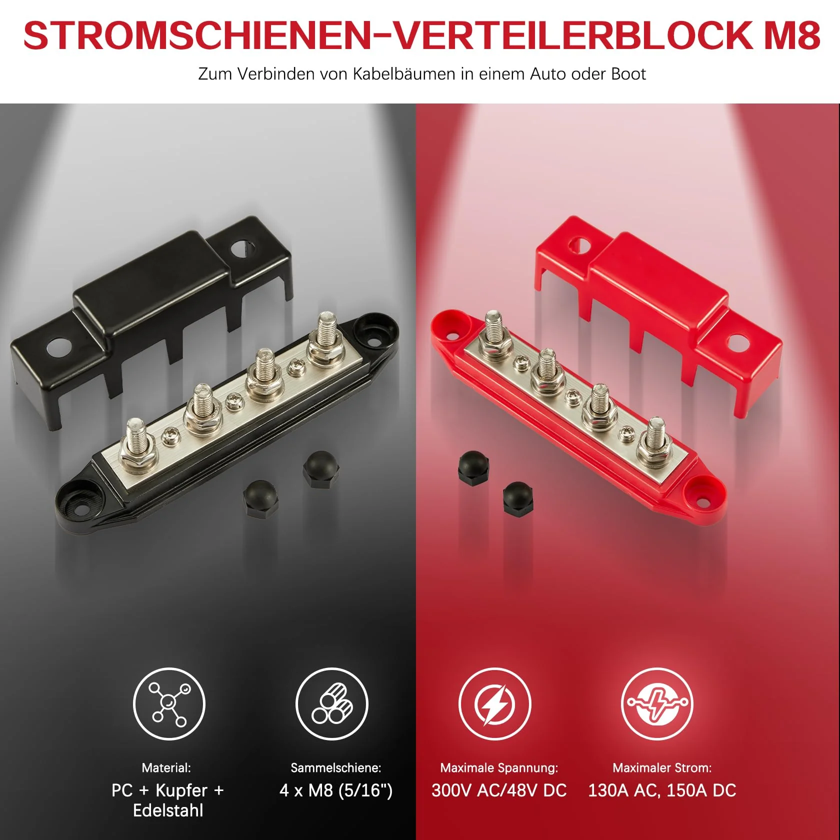 Pindex M8 Busbar Distribution Block 250 AMP DC 12 V-48 V with 4 x M8 Terminal Bolts, M8 Power Distribution Block Bus Bar 12 V for Motorhomes, Ships, Yachts, Car RVs, Trucks - Image 2