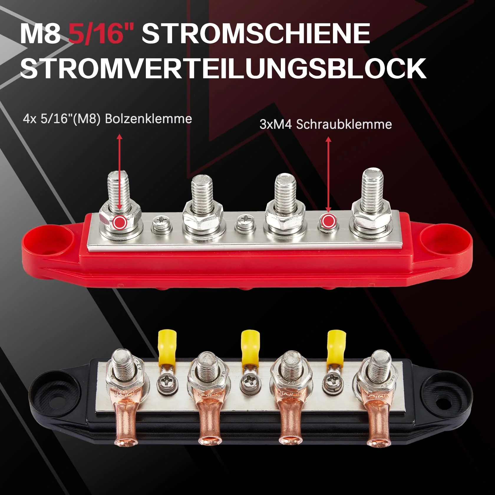 Pindex M8 Busbar Distribution Block 250 AMP DC 12 V-48 V with 4 x M8 Terminal Bolts, M8 Power Distribution Block Bus Bar 12 V for Motorhomes, Ships, Yachts, Car RVs, Trucks - Image 3