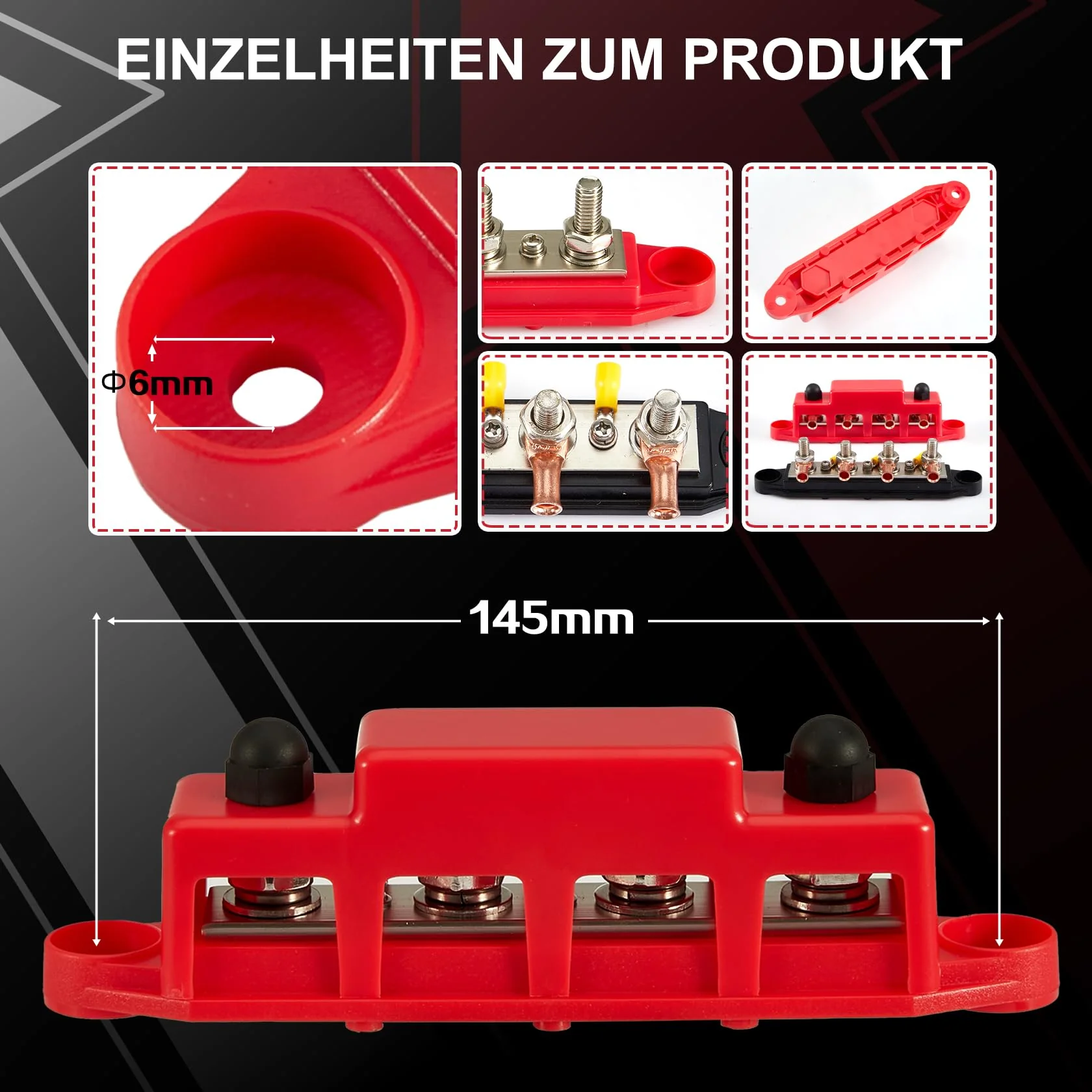 Pindex M8 Busbar Distribution Block 250 AMP DC 12 V-48 V with 4 x M8 Terminal Bolts, M8 Power Distribution Block Bus Bar 12 V for Motorhomes, Ships, Yachts, Car RVs, Trucks - Image 4
