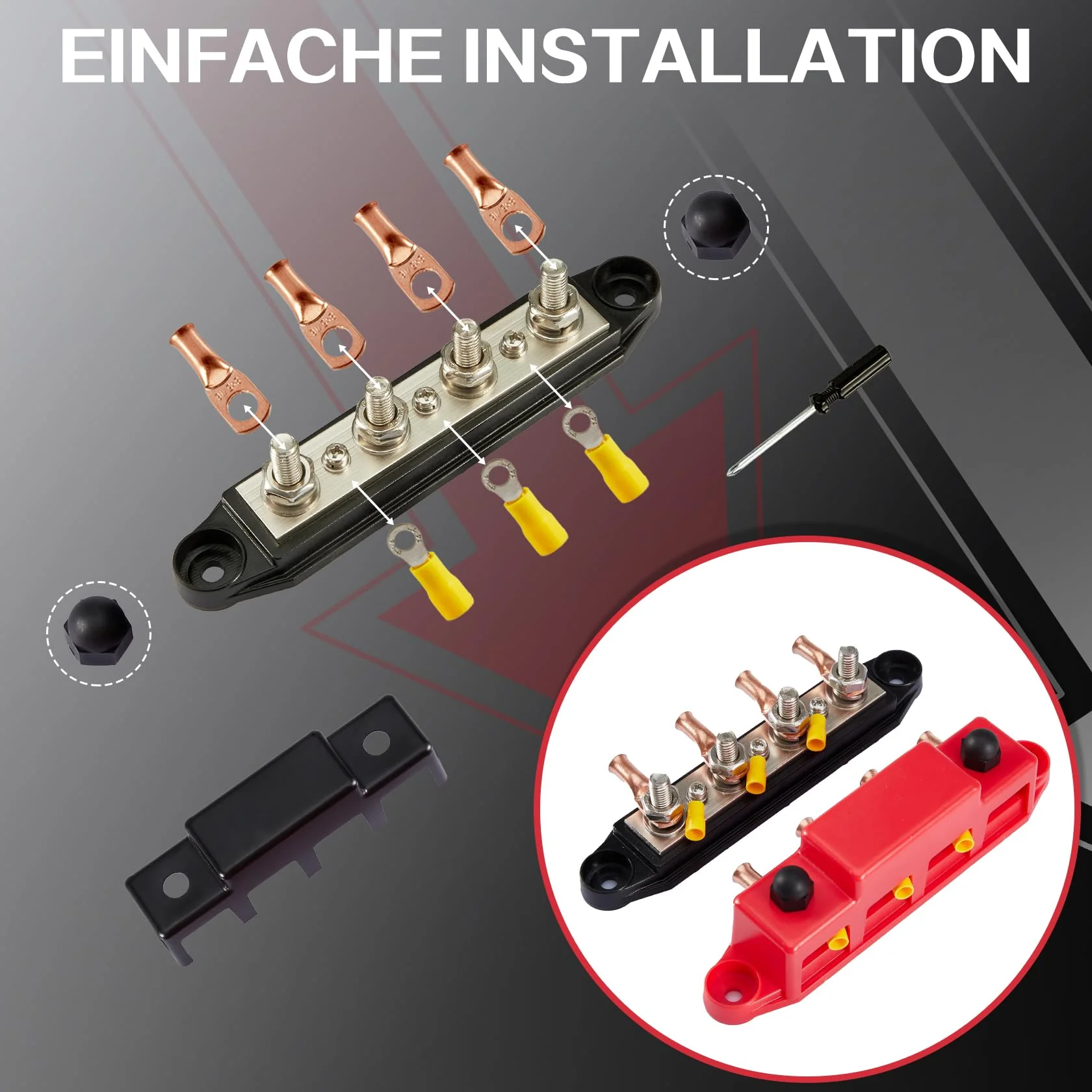 Pindex M8 Busbar Distribution Block 250 AMP DC 12 V-48 V with 4 x M8 Terminal Bolts, M8 Power Distribution Block Bus Bar 12 V for Motorhomes, Ships, Yachts, Car RVs, Trucks - Image 5