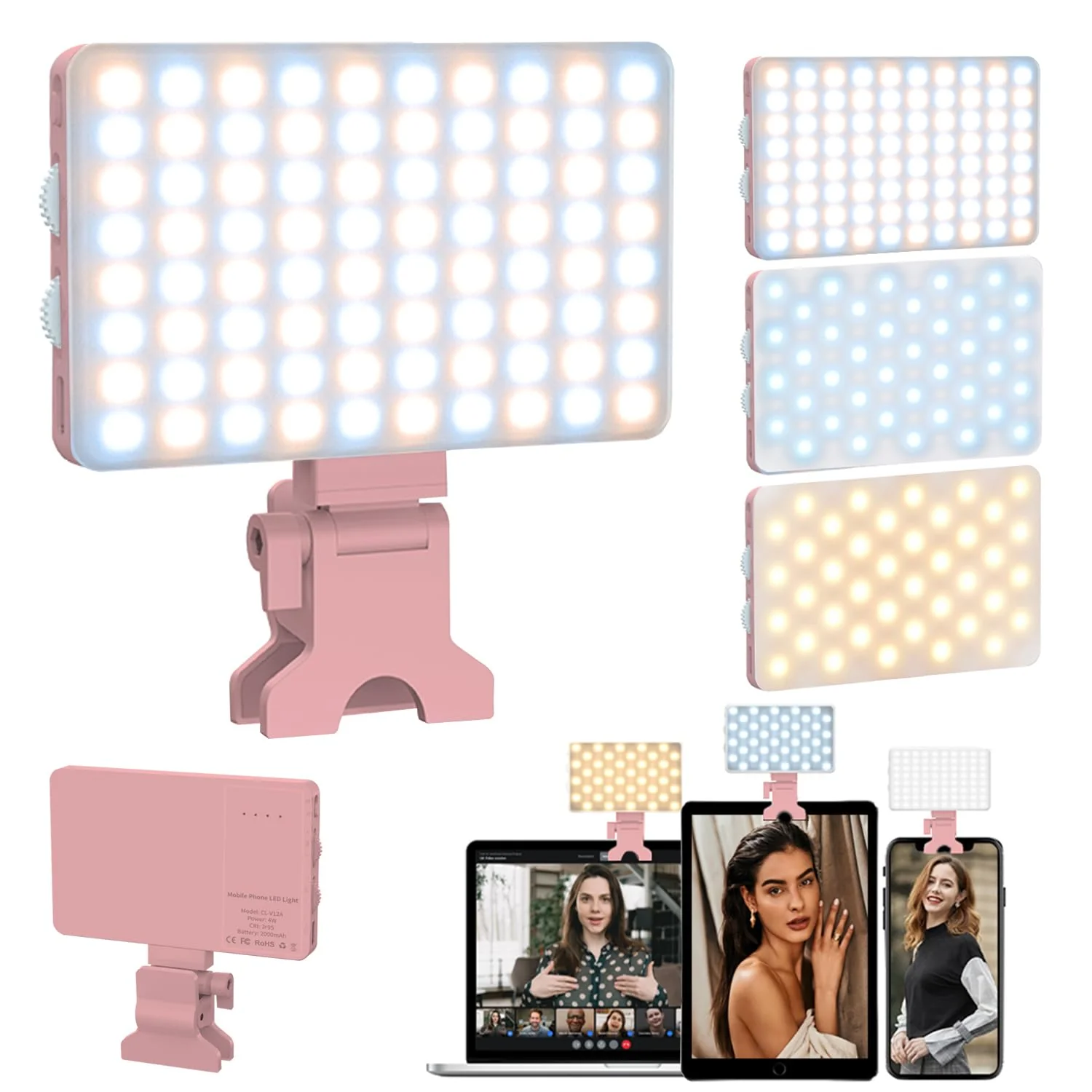 Pink Selfie Light with Phone Light Clip,80led Portable Selfie Light with 3 Light Modes and Infinite Adjustment Modes, 2000mah Rechargeable Selfie Light for Phone, Laptop, Makeup, Live Stream
