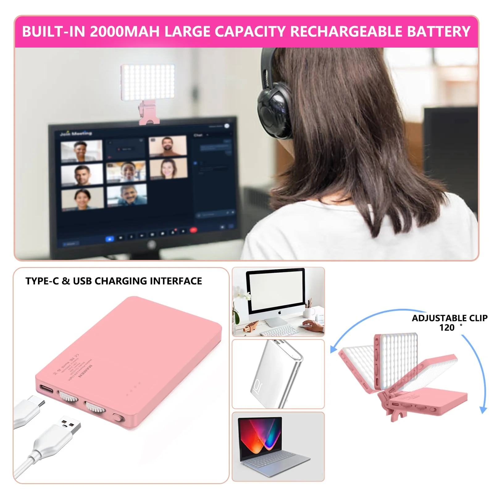 Pink Selfie Light with Phone Light Clip,80led Portable Selfie Light with 3 Light Modes and Infinite Adjustment Modes, 2000mah Rechargeable Selfie Light for Phone, Laptop, Makeup, Live Stream - Image 5