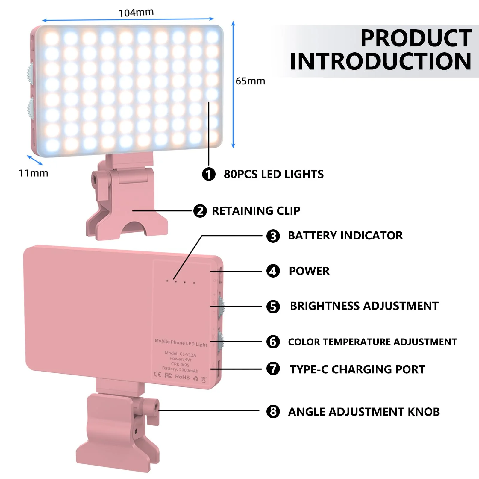 Pink Selfie Light with Phone Light Clip,80led Portable Selfie Light with 3 Light Modes and Infinite Adjustment Modes, 2000mah Rechargeable Selfie Light for Phone, Laptop, Makeup, Live Stream - Image 6