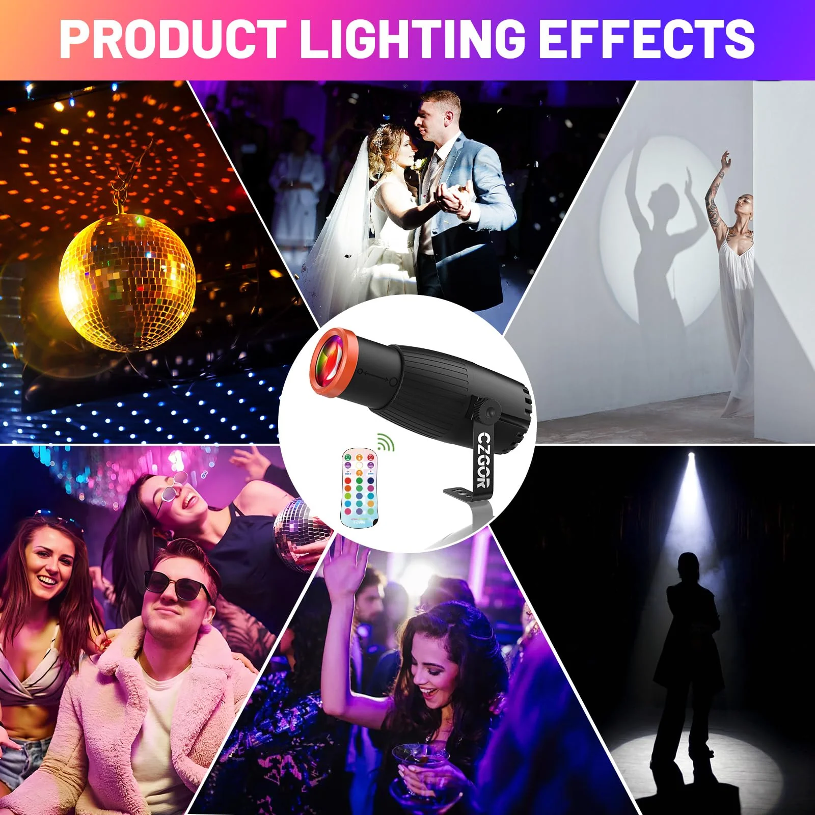 Pinspot Light, Czgor 18W RGBW 4 in 1 LED Spot Lights with Remote, Super Bright with Light Guide Pillar, Manual Focus Disco Ball Spotlight, Soft Cozy Stage Effect Lighting for DJ Disco Party Wedding - Image 7