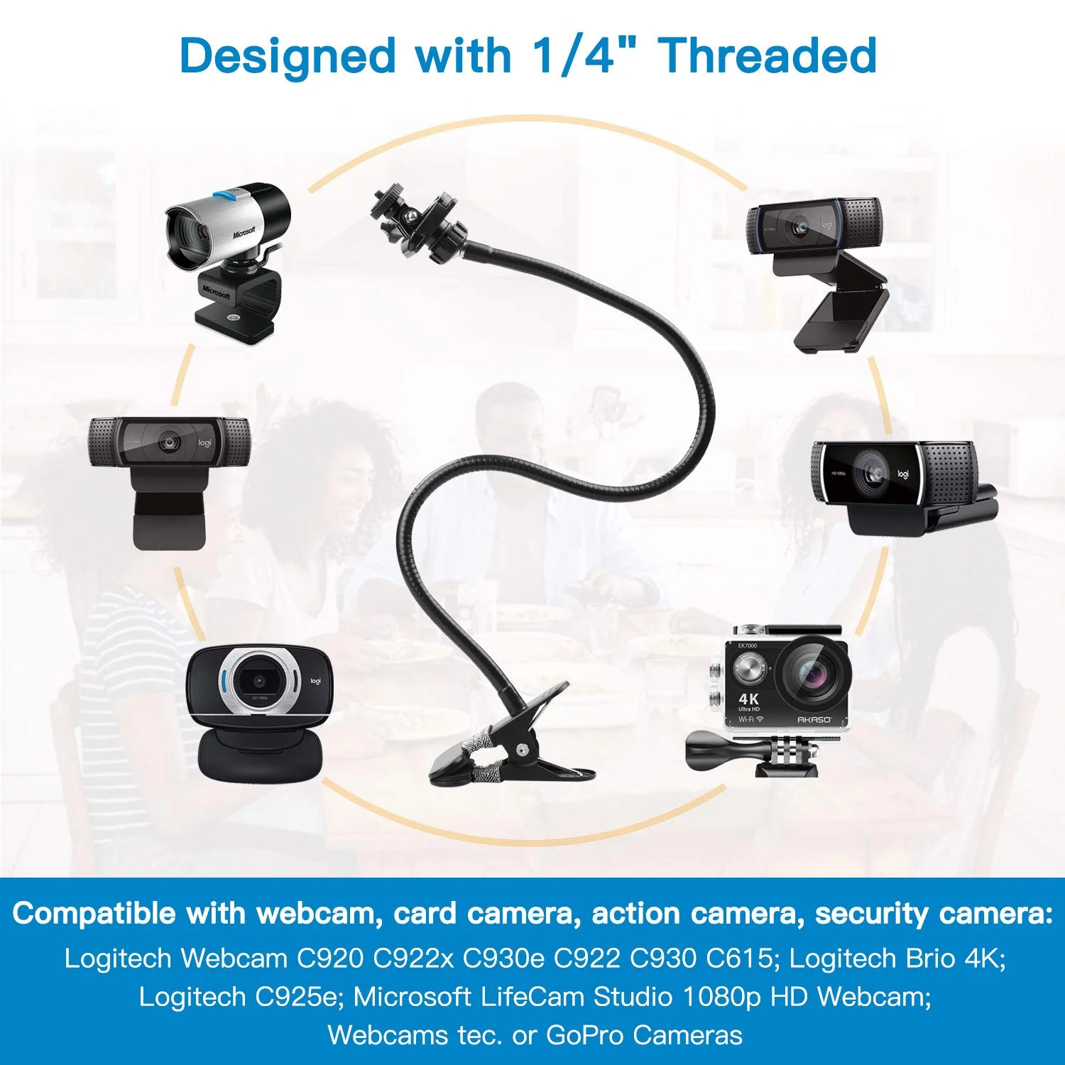 Pipishell 25 Inch Webcam Stand, Flexible Desk Mount Clamp Gooseneck Stand for Logitech Webcam C960 C930e C930 C920 C920S C922x C922 Brio 4K C925e C615 and Other Devices with 1/4" Thread-PIWS01 - Image 2