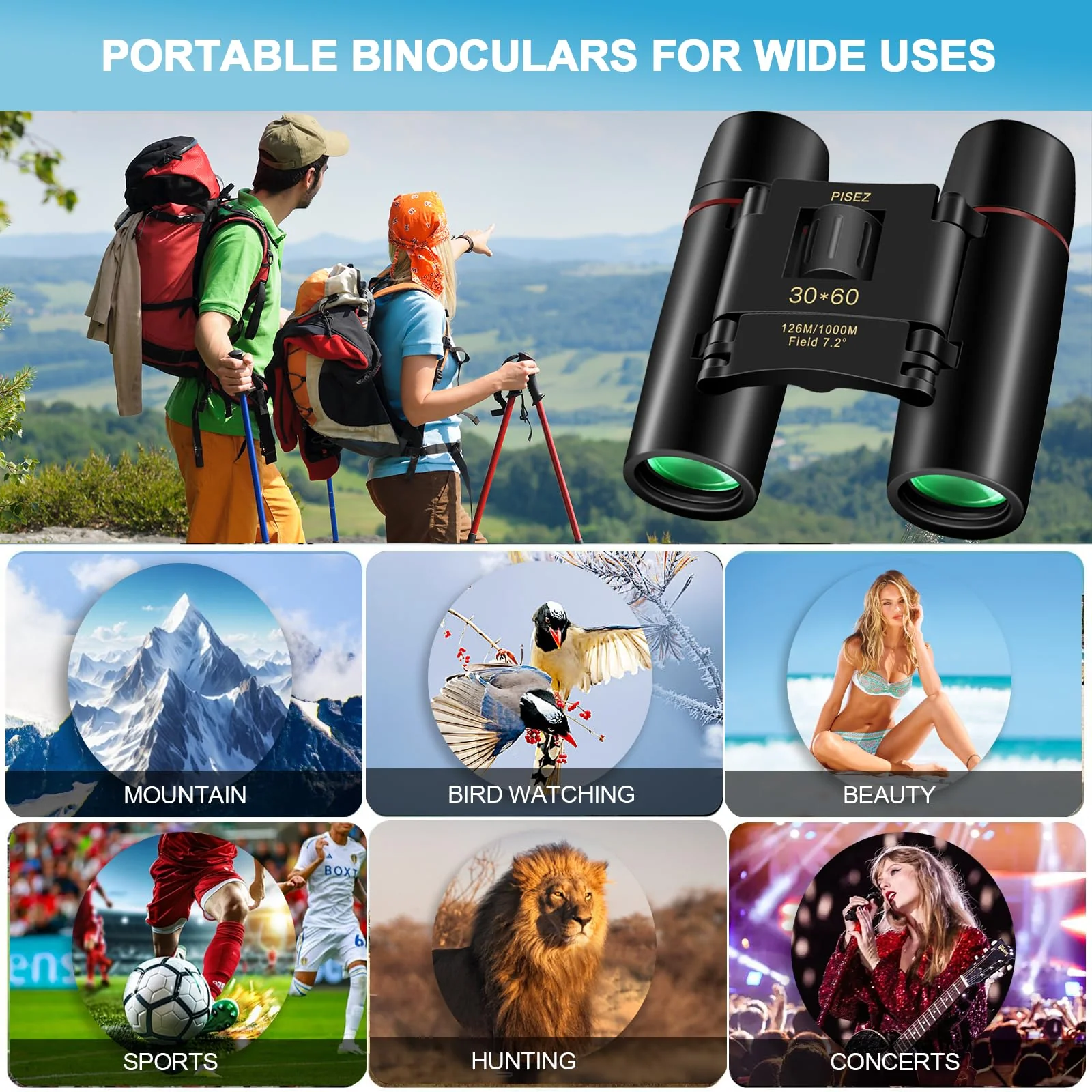 PISEZ 30X60 Compact Binoculars for Adults and Kids，Lightweight Foldable Easy Focus Small Binoculars for Bird Watching Hunting Concert Traveling Theater Opera Sightseeing black - Image 2